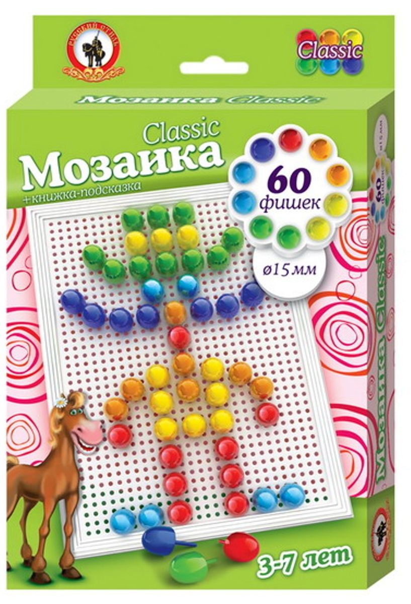 Русский стиль Мозаика Classic Мексиканец Малая плата03961 Русский стиль Мозаика Classic Мексиканец Малая плата03961Игра для детей от 3 лет. Состав набора: Плата малая – 1 шт. Фишки мозаики диаметр 15 мм – 60 шт. Книжка-подсказка
