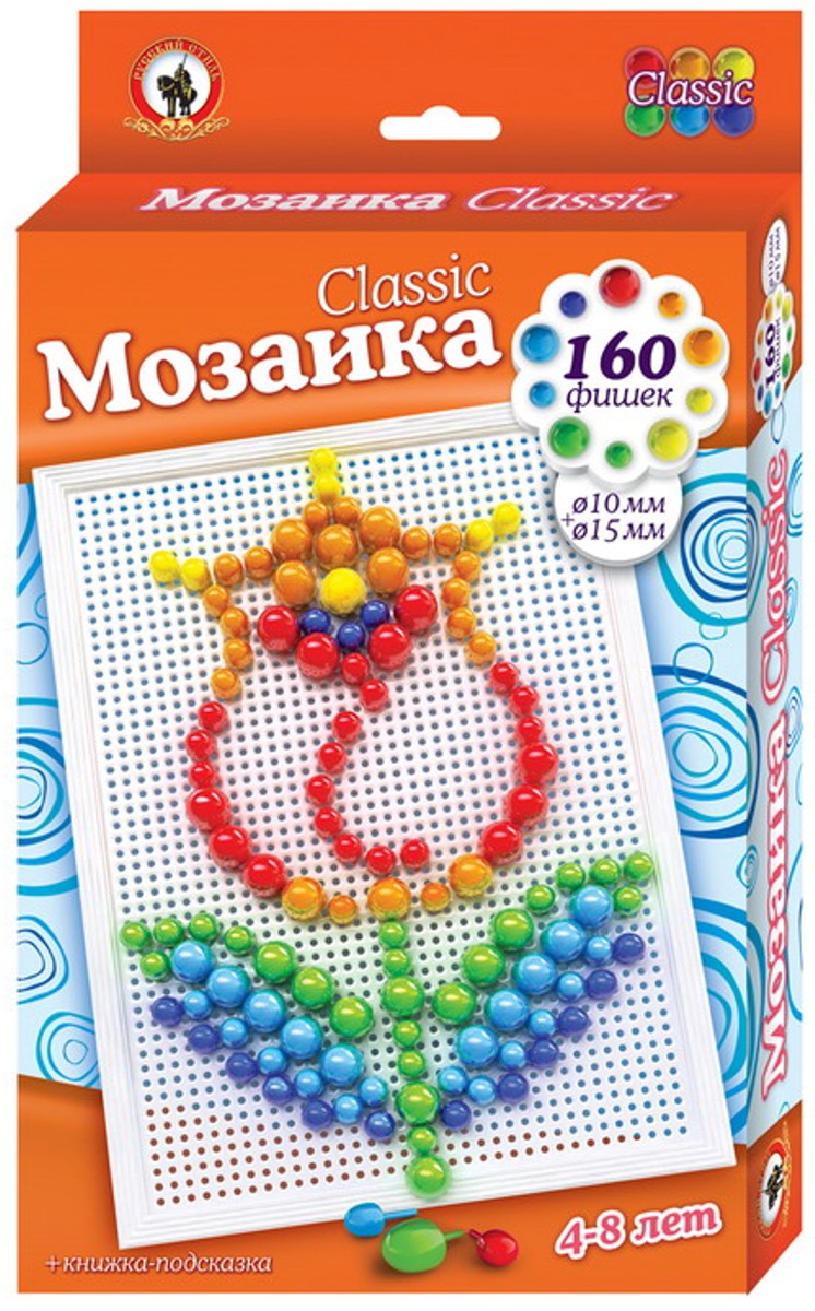 Русский стиль Мозаика Classic Тюльпан Большая плата03972 Русский стиль Мозаика Classic Тюльпан Большая плата03972Игра для детей от 3 лет. Состав набора: Плата большая – 1 шт. Фишки мозаики диаметр 10+15 мм – 160 шт. Книжка-подсказка