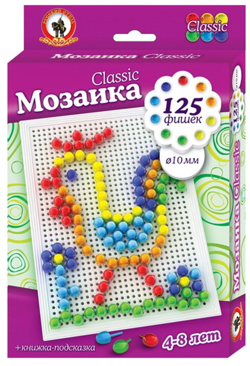 Русский стиль Мозаика Classic Петушок Малая плата03974 Русский стиль Мозаика Classic Петушок Малая плата03974Игра для детей от 3 лет. Состав набора: Плата малая – 1 шт. Фишки мозаики диаметр 10 мм – 125 шт. Книжка-подсказка