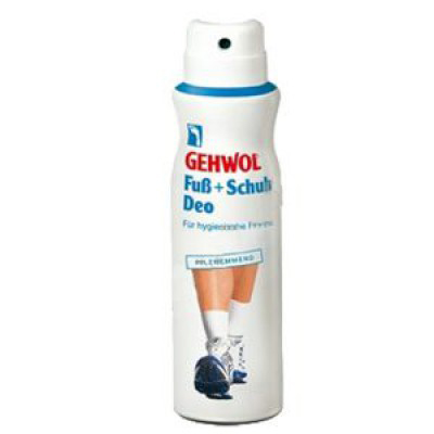 Gehwol Foot+Shoe Deodorant - Дезодорант для ног и обуви 150 мл1*23608 Gehwol Foot+Shoe Deodorant - Дезодорант для ног и обуви 150 мл1*23608Дезодорант для ног и обуви Геволь (Gehwol Foot+Shoe Deodorant) предназначен для ежедневного ухода за ногами. Идеально подходит для занятий спортом и активного отдыха. Цинка рицинолеат предотвращает и мягко удаляет запах как на ногах, так и в обуви. Спрей превосходно защищает от неприятного запаха и придает ощущение свежести в течение всего дня. Противомикробное действие компонентов ( в составе триклозан) защищает от возникновения грибковых инфекций при посещении бани, сауны или бассейна.