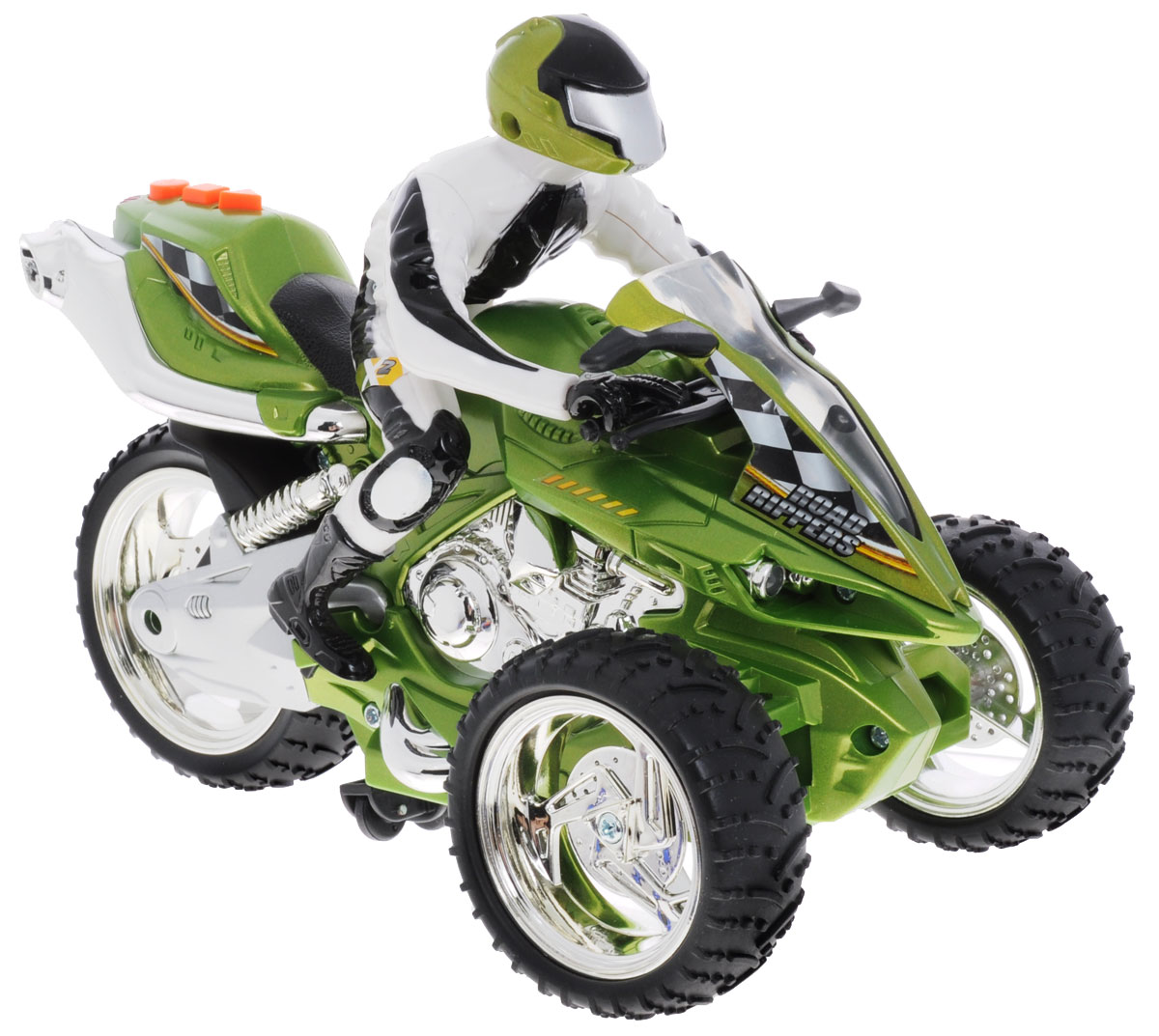 Road Rippers Трицикл на радиоуправлении37025TS Road Rippers Трицикл на радиоуправлении37025TSТрицикл на радиоуправлении Road Rippers станет отличным подарком для ребенка! Выполненный в виде мощного трехколесного мотоцикла, он просто поражает воображение! Трицикл может двигаться как вперед и назад, так вправо и влево, и даже разворачиваться на 360°! Два варианта управления: с пульта дистанционного управления и с помощью кнопок на самой игрушке. При нажатии на кнопки трицикл устремляется вперед, приподнимается на два передних колеса, воспроизводит зажигательную музыку. Работа трицикла сопровождается свечением передних фар и стоп-сигналов. Имеется демо-режим. Пульт управления работает на частоте 27 MHz. Для работы игрушки необходимы 4 батарейки типа ААА (товар комплектуется демонстрационными). Для работы пульта управления необходимы 3 батарейки типа ААА (не входят в комплект).