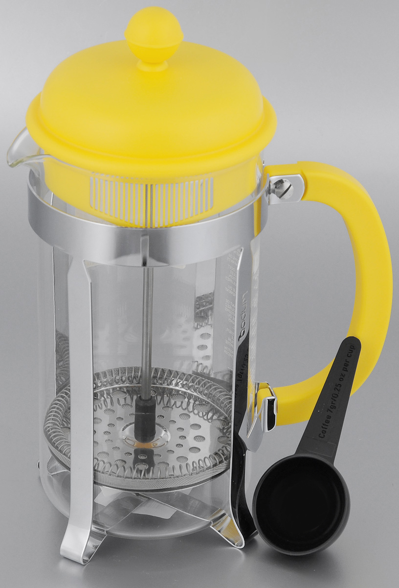 Френч-пресс Bodum Caffettiera, с ложкой, цвет: желтый, 1 лA1918-957-Y15 Френч-пресс Bodum Caffettiera, с ложкой, цвет: желтый, 1 лA1918-957-Y15Френч-пресс Bodum Caffettiera изготовлен из высококачественной нержавеющей стали, пластика и жаропрочного стекла. Фильтр-поршень из нержавеющей стали выполнен по технологии Press-Up для обеспечения равномерной циркуляции воды. Засыпая чайную заварку или кофе под фильтр, заливая горячей водой, вы получаете ароматный напиток с оптимальной крепостью и насыщенностью. Френч-пресс Caffettiera позволит быстро и просто приготовить свежий и ароматный кофе или чай. В комплект входит мерная ложка. Можно мыть в посудомоечной машине. Диаметр френч-пресса (по верхнему краю): 9,5 см. Высота френч-пресса: 24,5 см. Длина ложки: 10 см. Диаметр рабочей поверхности ложки: 4,5 см.