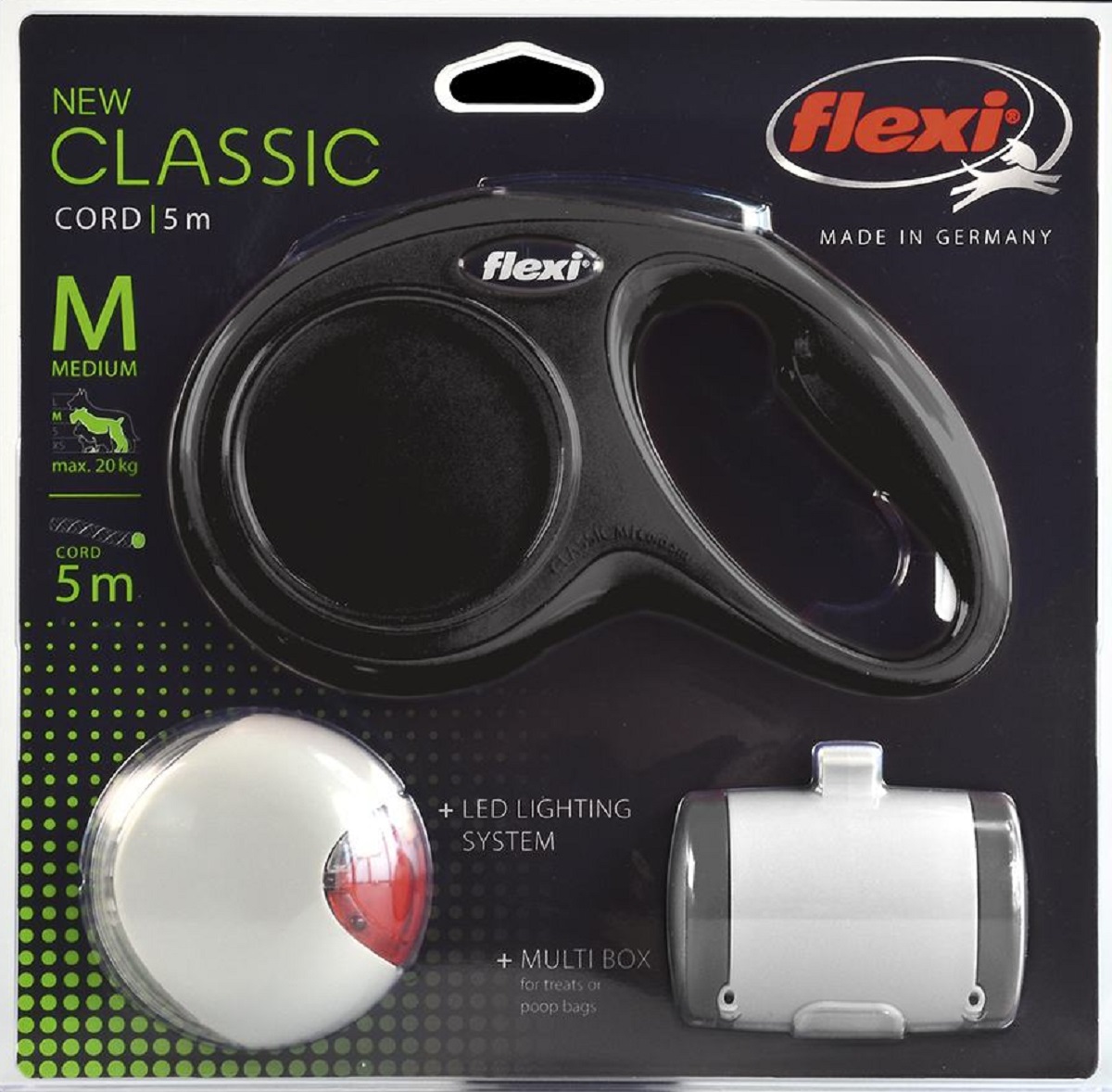 Набор Flexi (рулетка NEW Classic Basic М (до 20 кг) трос 5 м + LED фонарик + Multi-box) черный23624 Набор Flexi (рулетка NEW Classic Basic М (до 20 кг) трос 5 м + LED фонарик + Multi-box) черный23624Тросовый поводок-рулетка предназначен для выгула собак весом до 20 кг. Рулетки FLEXI производятся в Германии более 40 лет и особое внимание уделяется обеспечению безопасности и комфорта использования: - обновленная эргономичная кнопка системы торможения - запатентованная тормозная система - надежный карабин - светоотражающие элементы Запатентованая система сматывания и фиксации длины — дополнительное удобство, помогающее контролировать поведение животного. Корпус рулетки выполнен из ударопрочного пластика. В состав набора входит рулетка + FLEXI Vario аксессуар LED Lighting System (подсветка на корпус рулетки) универсальный Универсальная LED подсветка для рулеток Flexi Vario размером S-M-L. Крепится на корпус рулетки + LEXI Vario аксессуар Multi Box S-M-L (бокс для лакомств/пакетиков д/сбора фекалий) Специальный аксессуар для рулеток размером S-M-L. Можно использовать как бокс для лакомств или как хранилище для пакетиков для сбора фекалий. Крепится на корпус рулетки. Выгодная цена...