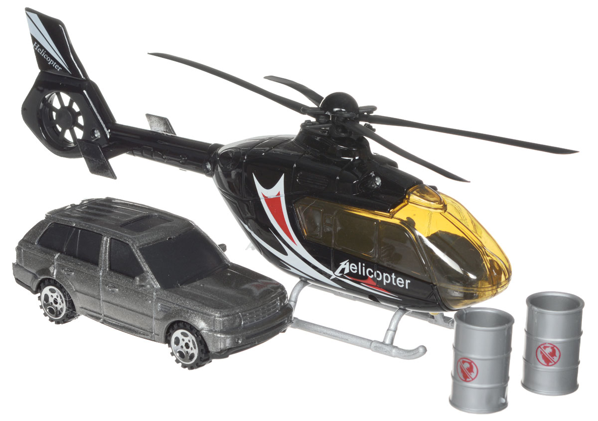 Big Motors Игровой набор Вертолет и машина цвет черный серый22990-81009-2;JL81009-2 Big Motors Игровой набор Вертолет и машина цвет черный серый22990-81009-2;JL81009-2Набор игровой Big motors Вертолет и машинка включает в себя вертолет, машинку и 2 пластиковые бочки. Лопасти вертолета и колеса машинки вращаются. При нажатии на пропеллер вертолета, у него включаются световые и звуковые эффекты. Этот чудесный набор будет отличным подарком любому мальчишке. Теперь устроить головокружительные трюки с участием вертолета и машины проще простого! Игрушка работает от 3 батареек типа LR54 (LR 1130) (набор комплектуется демонстрационными).