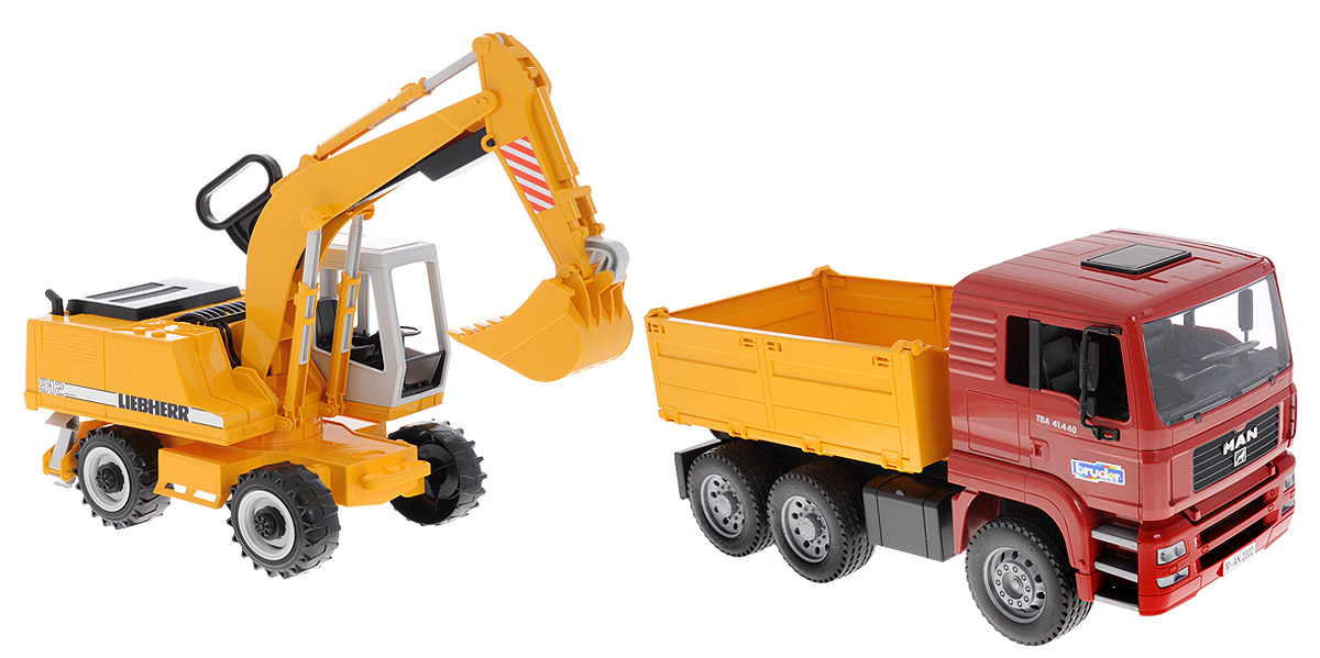 Bruder Самосвал MAN с колесным экскаватором Liebherr02-751 Bruder Самосвал MAN с колесным экскаватором Liebherr02-751Самосвал Bruder MAN с колесным экскаватором Liebherr выполнены в точной копии с реальной моделью в масштабе 1:16. Самосвал отличается шикарной детализацией элементов оформления настоящей спецтехники. Кабина водителя откидывается и предоставляет доступ к двигателю, кузов также опрокидывается для погрузки и разгрузки, он может быть зафиксирован в нужном положении. Прорезиненные колеса позволят наслаждаться игрой даже в домашних условиях. Складные зеркала, поворачивающаяся кабина колесного эскалатора, управление раскопкой при помощи удобной ручки - все это делает игрушку выбором номер один для вашего ребенка. Порадуйте его таким замечательным подарком!