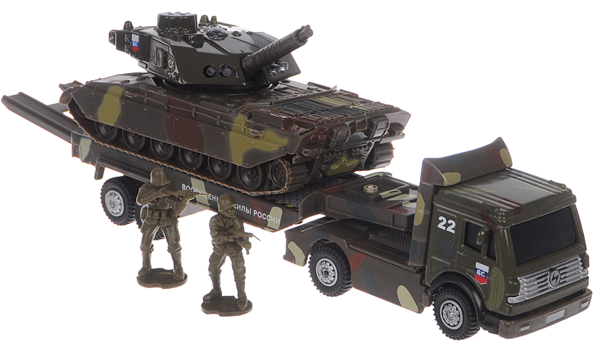 Технопарк Игровой набор Военная техникаCT1061 (SL556/TANK) Технопарк Игровой набор Военная техникаCT1061 (SL556/TANK)Игровой набор Технопарк Военная техника - увлекательный набор для сюжетно-ролевых игр, который не оставит равнодушным вашего ребенка. Набор включает в себя тягач, танк и две фигурки военных. Игрушки выполнены из пластика и металла. Трап тягача откидывается. Башня танка и огнемет подвижны. При нажатии кнопки на крыше танка кнопка и лампочки начинают светиться, при этом слышны звуки боя и приказы командира. Танк и тягач имеют подвижные прорезиненные колесики. Тягач и танк оснащены инерционным механизмом: стоит откатить игрушку назад, затем отпустить - и он молниеносно поедет вперед. Ваш ребенок будет часами играть с набором, придумывая различные истории. Порадуйте его таким замечательным подарком! Танк работает от незаменяемых батареек.