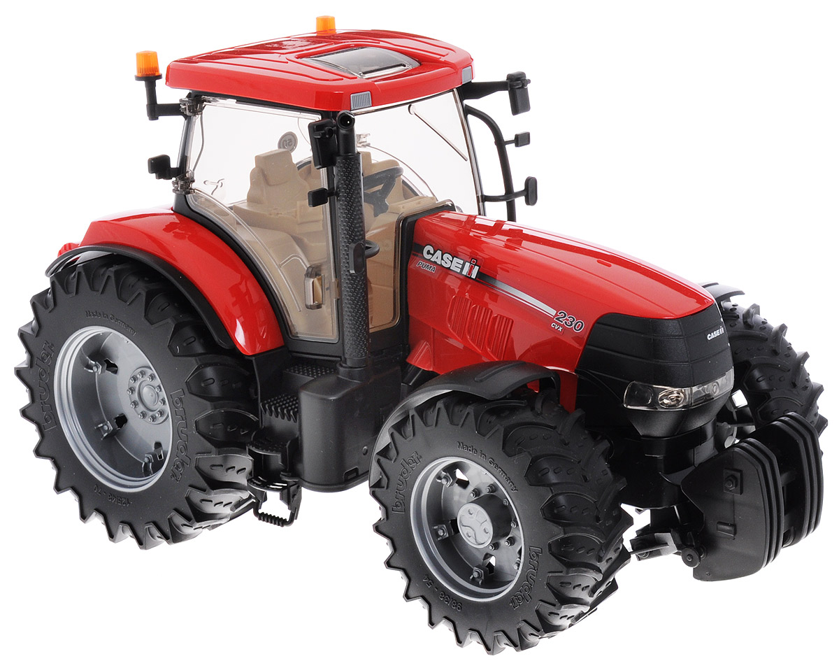 Bruder Трактор Case IH CVX 23003-095 Bruder Трактор Case IH CVX 23003-095Трактор Bruder Case IH CVX 230 - это точная, уменьшенная копия оригинального трактора в масштабе 1:16. Высокая степень детализации делает игрушку реалистичной. Такая игрушка понравится детям разного возраста и привлечет внимание взрослых. Играя с трактором, у ребенка развивается пространственно-образное мышление, и повышаются технические знания. Кроме внешнего сходства, модель достаточно функциональна. Колеса трактора резиновые и достаточно мощные, таким трактором можно играть и дома и во дворе. В домашних условиях трактор не испортит и не поцарапает пол. При повороте руля колеса изменяют свое направление. Дверь в прозрачную кабину открывается. Внутри кабины расположены сиденье, руль, педали, панель приборов. Капот открывается и открывает вид на двигатель трактора. Изготовлена игрушка из качественного и безопасного пластика.