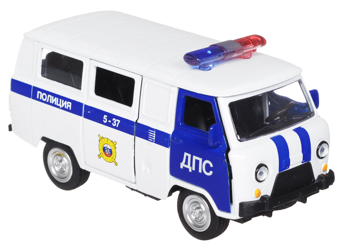 ТехноПарк Модель автомобиля УАЗ 39625 ПолицияX600-H09021-R ТехноПарк Модель автомобиля УАЗ 39625 ПолицияX600-H09021-RМодель автомобиля ТехноПарк УАЗ 39625 Полиция, выполненная из металла, пластика и резины, станет любимой игрушкой вашего малыша. Игрушка представляет собой модель полицейского автомобиля УАЗ 39625 в масштабе 1:50. Передние и боковая дверцы модели открываются, а прорезиненные колеса обеспечивают надежное сцепление с любой поверхностью пола. Модель оснащена инерционным ходом: достаточно немного отвести ее назад, а затем отпустить - машинка быстро поедет вперед. Ваш ребенок будет часами играть с этой машинкой, придумывая различные истории. Порадуйте его таким замечательным подарком!
