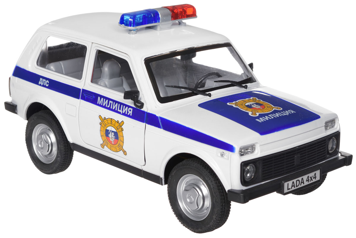 Joy Toy Машина инерционная Нива МилицияA532-H11078 Joy Toy Машина инерционная Нива МилицияA532-H11078Инерционная машина Joy Toy Нива: Милиция станет любимой игрушкой вашего малыша. Игрушка выполнена в виде модели автомобиля Нива Полиция в масштабе 1:16. Дверцы и багажник машины открываются, салон детализирован. При открытии дверцы машины мигают фары и проблесковые маячки и раздается звук сигнализации. Игрушка оснащена инерционным ходом. Машину необходимо подтолкнуть вперед или назад, а затем отпустить - и она быстро поедет в том же направлении. Ваш ребенок будет часами играть с этой игрушкой, придумывая различные истории. Порадуйте его таким замечательным подарком! Для работы игрушки необходимы 3 батарейки типа АА (не входят в комплект).