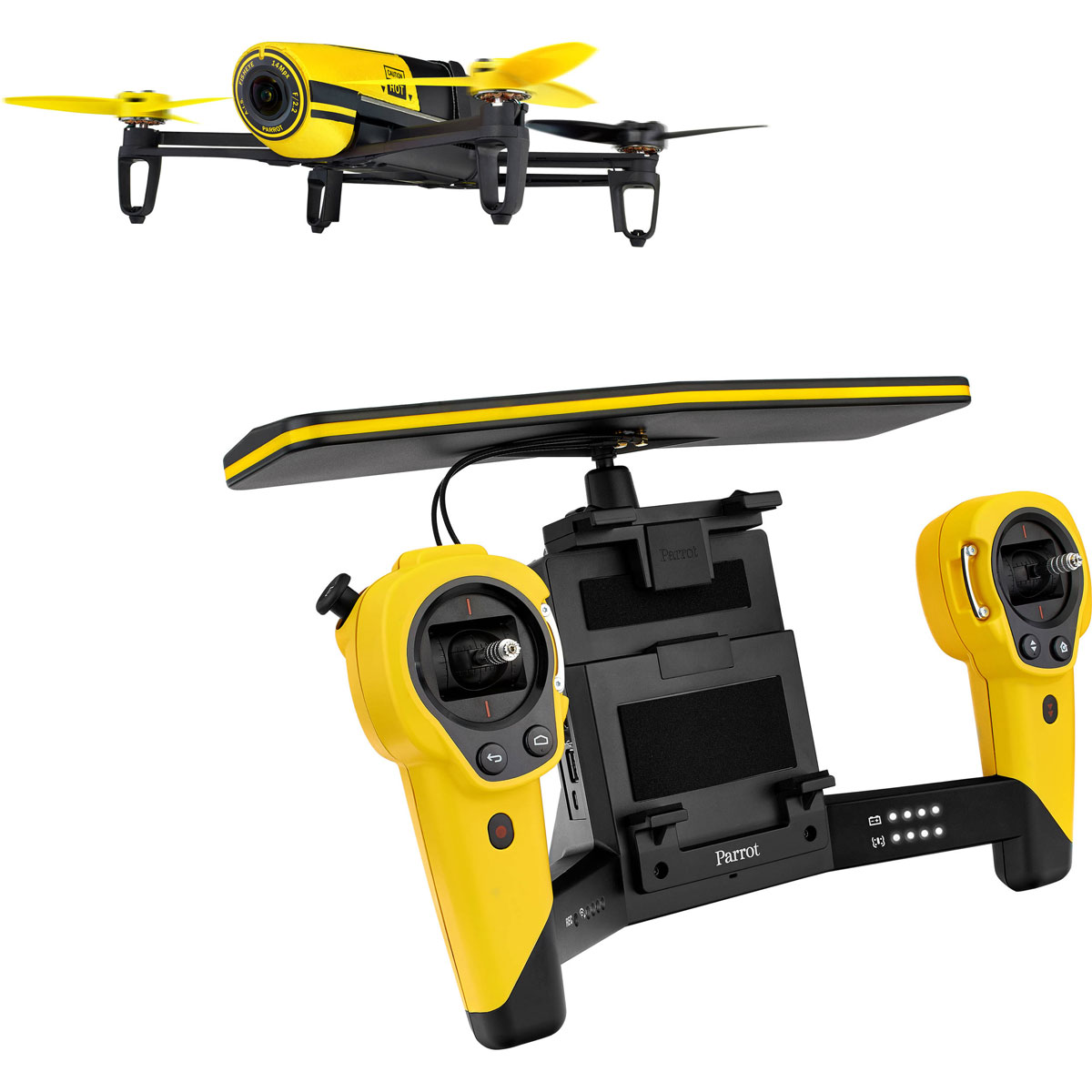Parrot Квадрокоптер на радиоуправлении Bebop Drone + Skycontroller цвет желтыйPF725102 Parrot Квадрокоптер на радиоуправлении Bebop Drone + Skycontroller цвет желтыйPF725102Parrot Bebop Drone + Skycontroller - квадрокоптер с пультом дистанционного управления - полностью готовый набор для проведения видеосъёмки с качеством Full HD и фотосъемки с разрешением до 4096x3072 пикселей. Комплект позволяет осуществлять управление полётом на расстоянии до двух километров, при этом максимальная скорость квадрокоптера составляет 47 км/ч. Революционный пульт дистанционного управления Parrot Skycontroller оснащён мощной двойной Wi-Fi антенной, высокоточными джойстиками управления, манипуляторами для навигации в меню FPV и цифрового управления камерой с углом обзора 180°, а также раздвижным креплением для установки планшета или смартфона. Благодаря наличию на пульте специальной кнопки домой можно возвращать квадрокоптер на точку взлета. Устройство укомплектовано складным колпаком для защиты экрана от бликов в солнечную погоду. Parrot Bebop Drone - многофункциональный квадрокоптер, имеющий прочный каркас из ABS-пластика, весящий ...