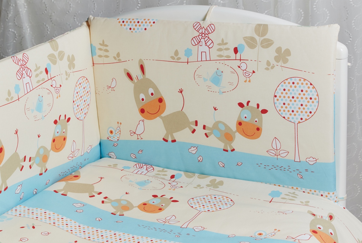 Rabby Baby Комплект в кроватку Лето в деревне цвет голубой615912/1 Rabby Baby Комплект в кроватку Лето в деревне цвет голубой615912/1Бортик 44х360 см, съемный чехол (застежка молния), наполнитель холлкон, пл.500г/м2 Пододеяльник 147х112см Наволочка 60х40см Одеяло 140х110см. Наполнитель: холлофайбер (ПЭ), плотность 200г/м2 Подушка 60х40см. Наполнитель: холлофайбер (ПЭ) Простыня на резинке на спальное место 120*60