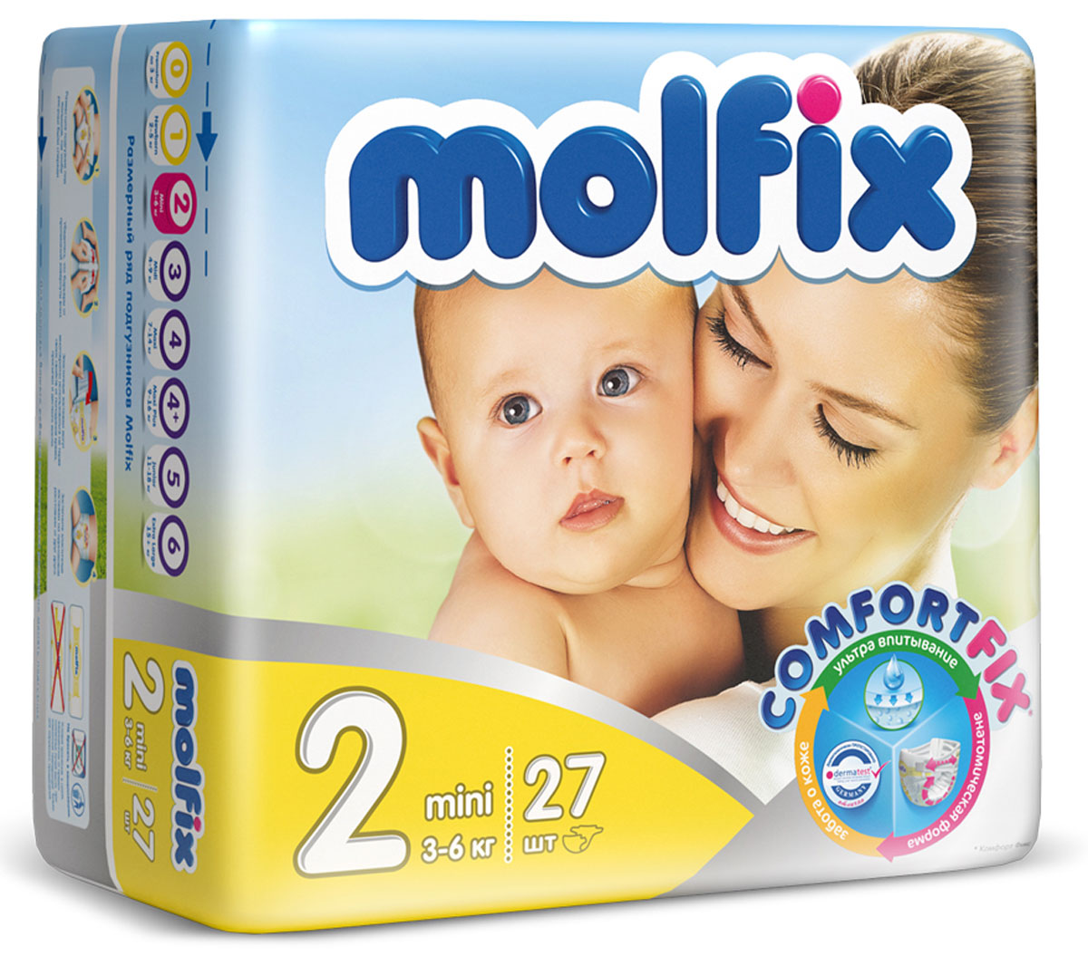 Molfix Подгузники Мини 3-6 кг 27 шт17026 Molfix Подгузники Мини 3-6 кг 27 шт17026Новинка! Ни для кого не секрет, что каждая мама хочет обеспечить защиту и комфорт для своего малыша. Новые премиальные подгузники Molfix отвечают самым высоким стандартам качества категории и соответствуют ожиданиям даже самых взыскательных мам: они отлично впитывают, тонкие и эластичные, обеспечивают малышам надежную защиту, комфорт и хорошее настроение. Подгузники Molfix дерматологически протестированы и одобрены независимым исследовательским институтом Dermatest GmbH (Германия). Особенности: • Специальный ультра впитывающий слой обеспечивает быстрое впитывание; • Тонкая анатомическая структура для комфорта малыша; • Ультра эластичные боковинки обеспечивают свободу движений; • «Дышащий» внешний слой и ультра мягкий внутренний слой для заботы о коже малыша; • Защитные барьерчики обеспечивают защиту от протеканий. В каждой упаковке подгузников Molfix веселые и красочные дизайны на подгузниках!