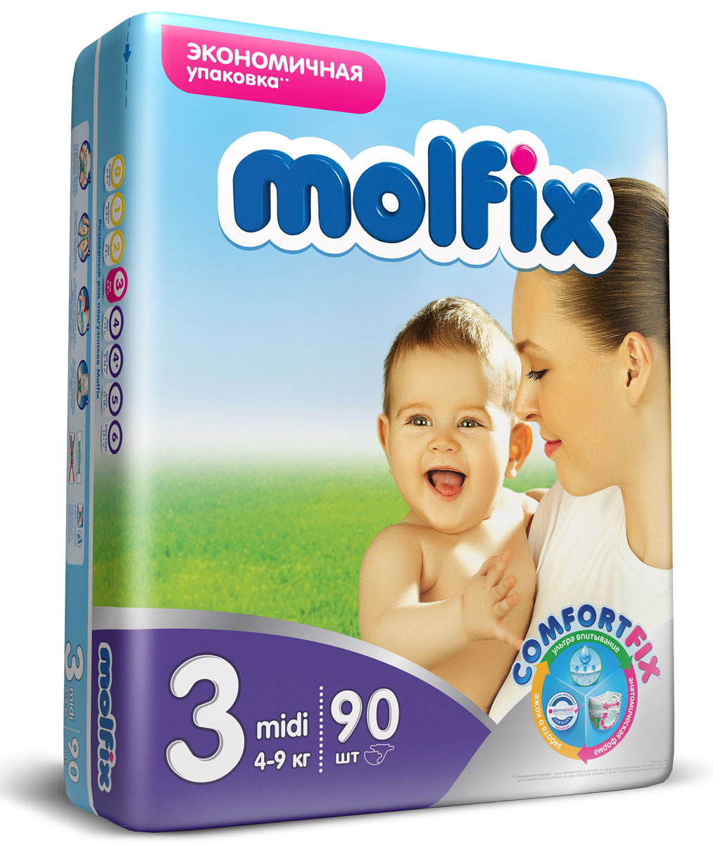 Подгузники Molfix Миди (4-9 кг), 90 шт14915 Подгузники Molfix Миди (4-9 кг), 90 шт14915Новинка! Ни для кого не секрет, что каждая мама хочет обеспечить защиту и комфорт для своего малыша. Новые премиальные подгузники Molfix отвечают самым высоким стандартам качества категории и соответствуют ожиданиям даже самых взыскательных мам: они отлично впитывают, тонкие и эластичные, обеспечивают малышам надежную защиту, комфорт и хорошее настроение. Подгузники Molfix дерматологически протестированы и одобрены независимым исследовательским институтом Dermatest GmbH (Германия). Особенности: • Специальный ультра впитывающий слой обеспечивает быстрое впитывание; • Тонкая анатомическая структура для комфорта малыша; • Ультра эластичные боковинки обеспечивают свободу движений; • «Дышащий» внешний слой и ультра мягкий внутренний слой для заботы о коже малыша; • Защитные барьерчики обеспечивают защиту от протеканий. В каждой упаковке подгузников Molfix веселые и красочные дизайны на подгузниках!
