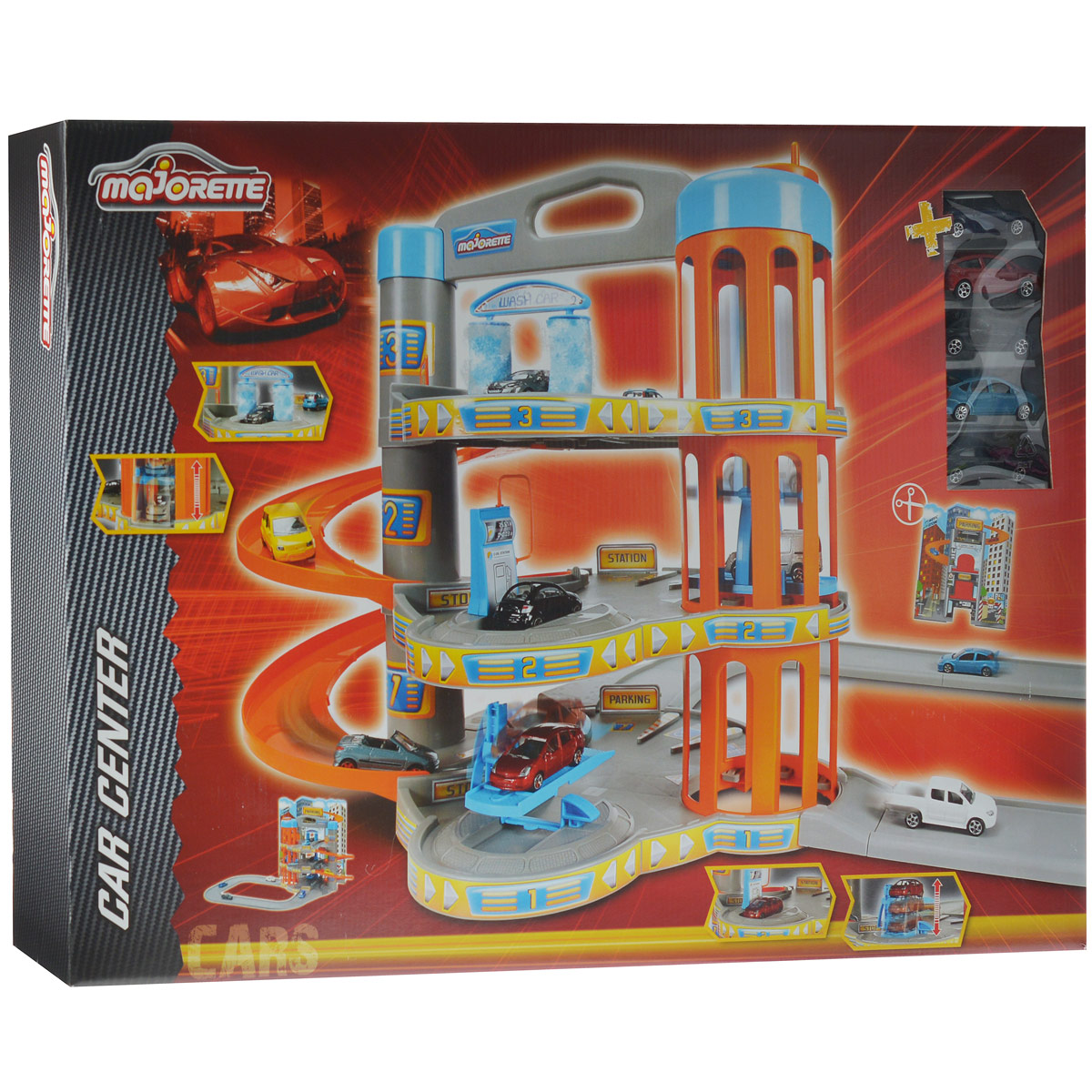 Majorette Игрушечный трек Парковка с машинками205819 Majorette Игрушечный трек Парковка с машинками205819Великолепный игровой набор Majorette Парковка, изготовленный из пластика и металла, привлечет внимание вашего малыша и не позволит ему скучать. В набор входят пять машинок и элементы для сборки парковки. Эта трехуровневая парковка - настоящая находка для тех, кто любит свой автомобиль и быструю езду с виражами: здесь есть и лифт, и автомойка, и эстакада, и заправка, а также огромное количество места для автомобилей, и конечно же крутые спуски! На задней стороне коробки расположена декорация, вырезав которую, ребенок сможет сделать игру более реалистичной. Ваш ребенок сможет часами играть с этим набором, придумывая разные истории, и с блеском преодолевая препятствия. Порадуйте его таким замечательным подарком!