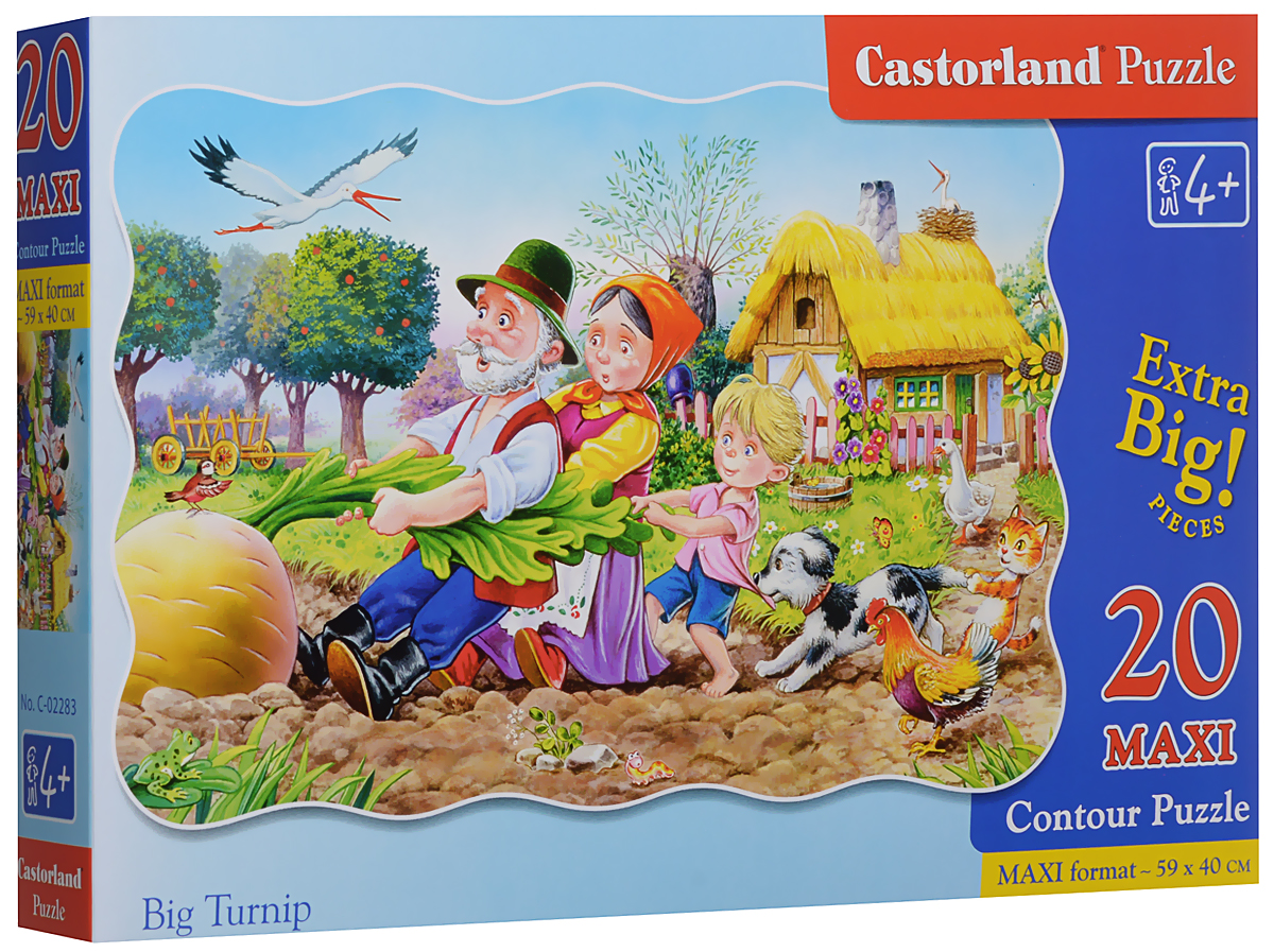 Castorland Пазл Большая репкаС-02283 Castorland Пазл Большая репкаС-02283Пазл Castorland Большая репка станет отличным развлечением для вашего ребенка. Собрав этот пазл, включающий в себя 20 элементов, вы получите великолепную картину с изображением сюжета из знаменитой сказки про репку. Игра с пазлами благоприятно влияет на развитие ребенка. Веселая игра сопровождается манипуляциями с мелкими предметами, сопоставлением и сложением деталей, в результате чего развивается сенсорное восприятие и мелкая моторика. Порадуйте своего малыша таким замечательным подарком!