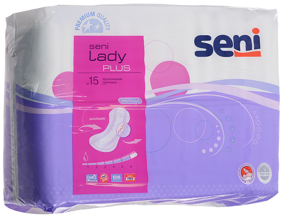 Seni Урологические прокладки для женщин Lady Plus 15 штSE-095-PL15-RU2_ новый дизайн Seni Урологические прокладки для женщин Lady Plus 15 штSE-095-PL15-RU2_ новый дизайнSeni Lady. Plus - урологические прокладки для женщин, страдающих легкой и средней степенью недержания мочи. Несмотря на внешнюю схожесть с обычными гигиеническими прокладками, Seni Lady. Plus впитывают в несколько раз больше жидкости. Специальный суперабсорбент препятствует размножению бактерий и нейтрализует неприятный запах мочи. Прокладки Seni Lady. Plus имеют внутренние боковые бортики, которые дают дополнительную защиту. Широкая клеящая полоса обеспечивает легкое и надежное крепление к белью. Анатомическая форма и дышащий внешний слой гарантируют комфорт в использовании. Могут использоваться в послеродовой период.