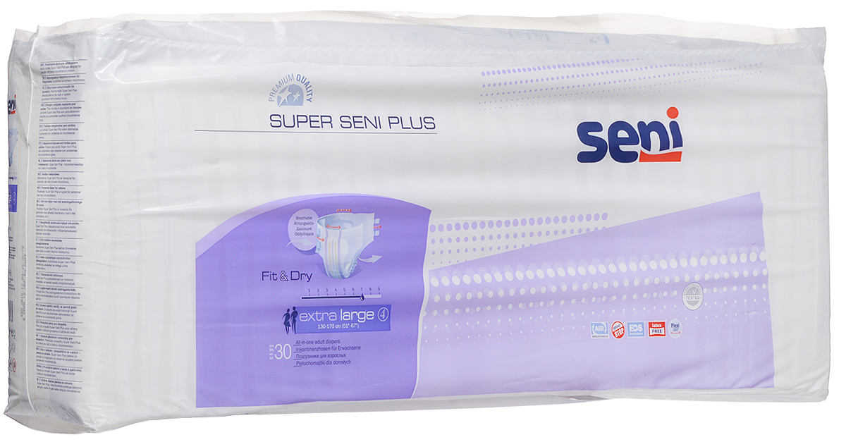 Seni Подгузники для взрослых Super Seni Plus размер 4 30 штSE-094-XL30-A02_ новый дизайн Seni Подгузники для взрослых Super Seni Plus размер 4 30 штSE-094-XL30-A02_ новый дизайнПодгузники для взрослых Super Seni Plus с повышенной впитываемостью, предназначены для людей, страдающих тяжелой формой инконтиненции (недержания). Особенно удобны для малоподвижных и лежачих пациентов. Дышащий (паропроницаемый) внешний слой позволяет снизить риск возникновения раздражений и опрелостей. Эластичная резинка в поясе сзади и эластичные застежки-липучки гарантируют оптимальное прилегание к телу. Распределяющий слой EDS быстро и равномерно впитывает жидкость, что обеспечивает более полное ощущение сухости. Подгузники также содержат гидрофобные боковые внутренние бортики - это дополнительная защита от протекания. Мягкий нетканый материал на поверхности, двойной впитывающий слой с антибактериальным абсорбентом обеспечивают высокую впитываемость и нейтрализацию неприятного запаха. Могут использоваться как при недержании мочи, так и при недержании кала. Окружность подгузников по талии 130-170 см.