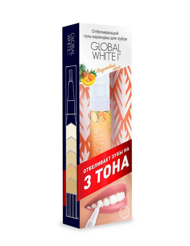 Global White Отбеливающий гель-карандаш для зубов Фруктовый микс, 5 мл116 Global White Отбеливающий гель-карандаш для зубов Фруктовый микс, 5 мл116Отбеливает на 3 тона, клинически доказанный результат, эффект после первого применения. Со вкусом фруктов.