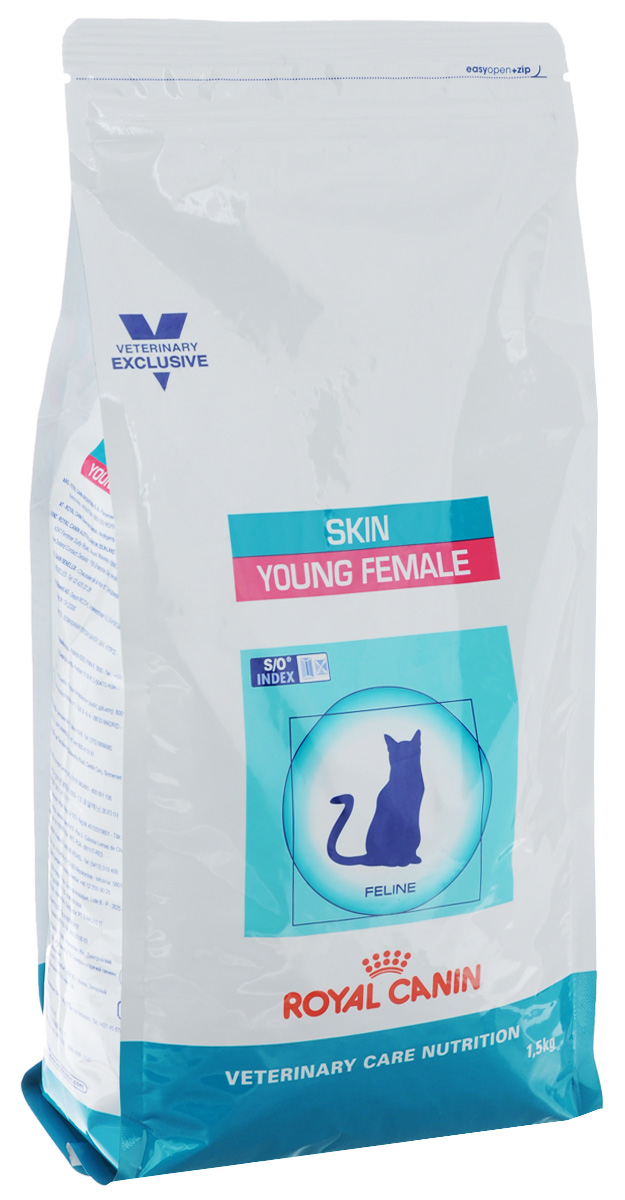 Корм сухой Royal Canin Young Female Skin для молодых стерилизованных кошек для улучшения качества шерсти с момента операции до 7 лет, 1,5 кг26661 Корм сухой Royal Canin Young Female Skin для молодых стерилизованных кошек для улучшения качества шерсти с момента операции до 7 лет, 1,5 кг26661Royal Canin Young Female Skin - полнорационный сухой корм для стерилизованных кошек до 7 лет с повышенной чувствительностью кожи и шерсти. Разбавление мочи: - увеличение объема мочи одновременно снижает содержание в ней минеральных веществ, из которых формируются струвитные и оксалатные кристаллы. Таким образом, создаются условия, неблагоприятные для образования камней в мочевыводящих путях. Барьерная функция кожи: - комплекс, состоящий из ниацина, инозита, холина, гистидина и пантотеновой кислоты, уменьшает потерю жидкости через кожу и усиливает ее барьерную функцию. S/O Index : Знак S/O Index на упаковке означает, что диета предназначена для создания в мочевыделительной системе среды, неблагоприятной для образования кристаллов оксалата кальция. Состав: дегидратированные белки животного происхождения (птица), кукуруза, пшеничная клейковина, кукурузная клейковина, рис, животные жиры, гидролизат, белков животного...