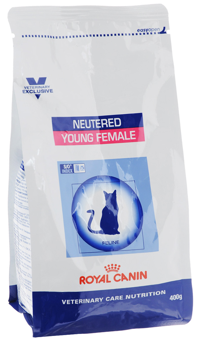 Корм сухой Royal Canin Young Female для стерилизованных кошек с момента операции до 7 лет, 400 г22256 Корм сухой Royal Canin Young Female для стерилизованных кошек с момента операции до 7 лет, 400 г22256Royal Canin Young Female - полнорационный сухой корм для стерилизованных кошек с повышенной чувствительностью кожи и шерсти. Оптимальный вес: - обогащенная белками формула способствует лучшему поддержанию мышечного тонуса по сравнению с обычным режимом питания, повышению вкусовых качеств корма. При одном и том же уровне метаболизма белки дают на 30% меньше чистой энергии, чем углеводы. L- карнитин улучшает транспорт жирных кислот в митохондрии. Разбавление мочи: - увеличение объема мочи одновременно снижает содержание в ней минеральных веществ, из которых формируются струвитные и оксалатные кристаллы. Таким образом, создаются условия, неблагоприятные для образования камней в мочевыводящих путях. Барьерная функция кожи: - комплекс, состоящий из ниацина, инозита, холина, гистидина и пантотеновой кислоты, уменьшает потерю жидкости через кожу и усиливает ее барьерную функцию. S/O Index : Знак S/O Index на упаковке означает,...