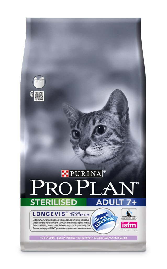 Корм сухой Pro Plan Sterilised для взрослых стерилизованных кошек и кастрированных котов, с индейкой, 1,5 кг12263291 Корм сухой Pro Plan Sterilised для взрослых стерилизованных кошек и кастрированных котов, с индейкой, 1,5 кг12263291Содержит формулу LONGEVISR.Доказано, что формула LONGEVIS увеличивает продолжительность и качество жизни Помогает поддерживать основные жизненные функции иммунную, почечную и пищеварительную Сбалансированная кишечная микрофлора для здорового пищеварения Поддерживает здоровье мочевыводящей системы, предотвращая риск развития заболевания нижнего отдела мочевыводящих путей у стерилизованных кошек и кастрированных котов Подходит для кормления стерилизованных кошек и кастрированных котов Помогает поддерживать здоровый вес Состав Индейка 14%, сухой белок птицы, рис, кукурузный глютен, пшеничный глютен, пшеница, волокна пшеницы, продукты переработки растительного сырья, кукурузный крахмал, яичный порошок, животный жир, рыбий жир, сухой корень цикория –натуральный пребиотик 2%*, масло соевое, минеральные вещества, витамины, рыбий жир, вкусоароматическая кормовая добавка, дрожжи, антиоксиданты.