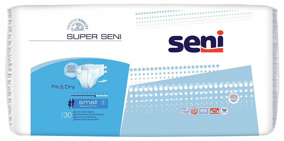 Seni Подгузники для взрослых Super Seni, размер 1 (55-80 см), 30 штSE-094-SM30-A01 Seni Подгузники для взрослых Super Seni, размер 1 (55-80 см), 30 штSE-094-SM30-A01Seni Super Seni – дышащие подгузники для защиты при средней и тяжелой степени недержания мочи, предназначены как для активных людей, так и для людей с ограниченными двигательными возможностями. Двойная система крепления с помощью эластичных резинок в поясе сзади и спереди, а также двойных эластичных застежек-липучек обеспечивает надежное и комфортное использование. Имеется возможность многократного приклеивания и отклеивания застежек-липучек без риска разорвать внешний слой подгузников. Двойной впитывающий слой с суперабсорбентом гарантирует высокий уровень впитываемости. Специальная система Odour Stop нейтрализует неприятный запах. Внутренние боковые бортики защищают от протеканий. Отсутствие латексных элементов (Latex Free) снижает риск появления аллергических реакций на латекс. Индикатор влагонасыщения показывает меру наполнения, информируя о необходимости смены подгузника. обладают повышенной впитываемостью, идеальны для применения в ночное время.
