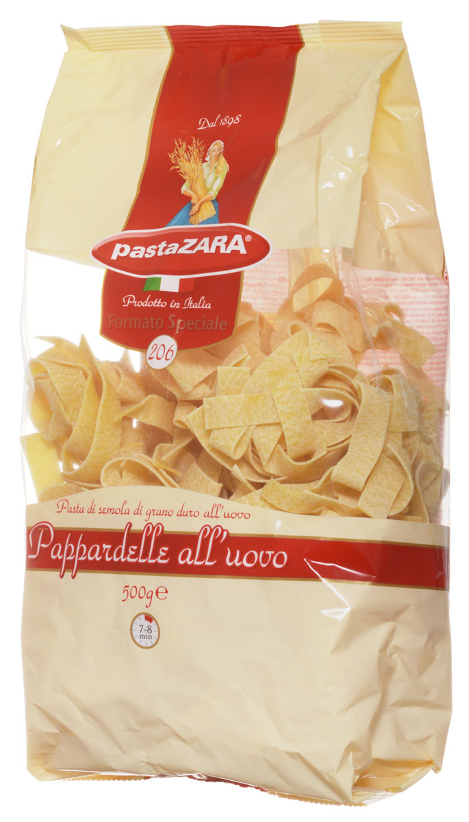 Pasta Zara Клубки яичные широкие паппарделле макароны, 500 г8004350231062 Pasta Zara Клубки яичные широкие паппарделле макароны, 500 г8004350231062Макаронные изделия Pasta Zara — одна из самых популярных марок итальянских макаронных изделий в России. Продукция под торговой маркой Pasta Zara сочетает в себе современность технологий производства и традиционное итальянское качество.