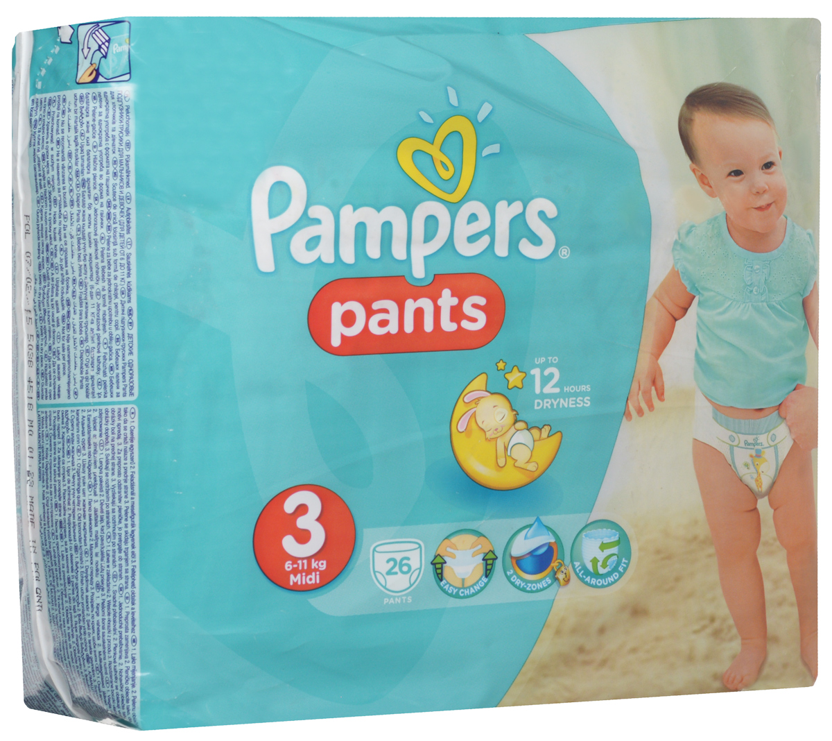 Pampers Pants Трусики 6-11 кг (размер 3) 26 штPA-81500923 Pampers Pants Трусики 6-11 кг (размер 3) 26 штPA-81500923Трусики Pampers Pants непревзойденно сухие трусики для мальчиков и девочек! Если малыш крепко спал всю ночь, значит он проснется в хорошем настроении. Новые трусики Pampers Pants обеспечивают непревзойденную сухость для мальчиков и девочек. Только у трусиков Pampers есть экстра впитывающий слой, который быстро впитывает и равномерно распределяет влагу. Благодаря уникальному слою трусики Pampers обеспечивают непревзойденную сухость на всю ночь для счастливого и доброго утра. До 12 часов сухости в удобной форме трусиков. Двойной впитывающий слой. Быстро впитывает и запирает влагу, предотвращая ее контакт с нежной кожей малыша. Идеально сидят. Тянущийся поясок и манжеты для ножек принимают форму тела малыша для его комфорта в любом положении. Содержат дышащие материалы. Микропоры способствуют циркуляции воздуха, помогая коже вашего малыша дышать. Изготовлены из нежных, как хлопок, материалов, чтобы ваш малыш чувствовал себя, как в настоящих хлопковых...