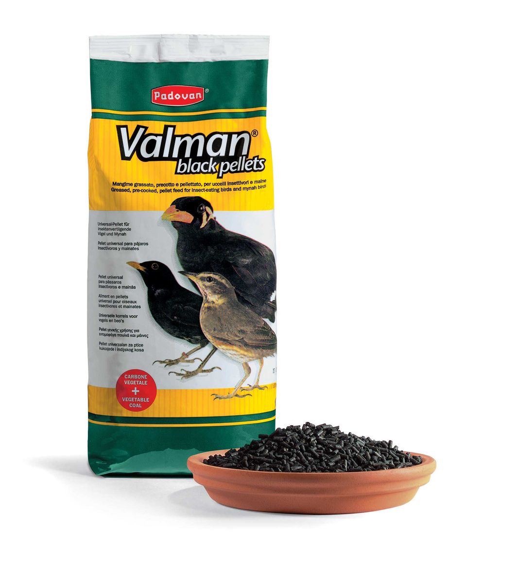 Корм Padovan Valman black pellets дополнительный для насекомоядных птиц, с активированным углем и овощами, 1 кг16900 Корм Padovan Valman black pellets дополнительный для насекомоядных птиц, с активированным углем и овощами, 1 кг16900Дополнительный, с повышенным содержанием масел, обжаренный и очищенный корм с древесным углем, обогащен витаминами и аминокислотами для плодоядных и насекомоядных птиц. Особое покрытие гранул улучшает пищеварение и уменьшает запах экскриментов. Оптимальный вариант кормления – смесь с любым кормом Granpatee в соотношении 50 / 50. Состав: растительная мука: кукуруза, ячмень, соя, пшеница, подсолнечник, изюм, можжевеловые ягоды, яблоко, лярд (свиное сало), конопляные семя (1.78%), мёд, растительное масло, натуральные вкусовые добавки, антиоксиданты, консерванты, витамины, DL-метионин, L- лизин.