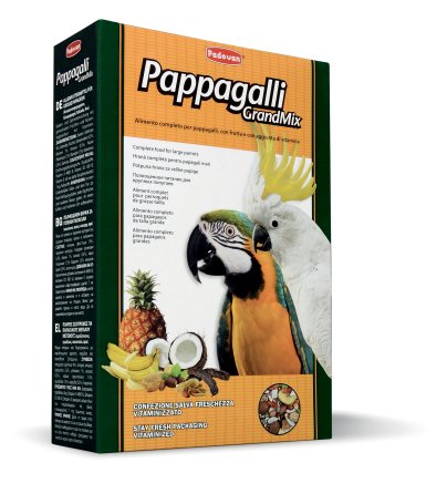 Корм Padovan Grandmix Pappagalli для крупных попугаев, 600 г16824 Корм Padovan Grandmix Pappagalli для крупных попугаев, 600 г16824Комплексный, высококачественный основной корм с фруктами и бисквитной крошкой, с минеральными и витаминными добавками для крупных попугаев (амазон, жако, какаду, ара). Состав: кукуруза 8.3%, подсолнечник 5.9%, пшеница 5.2%, тыквенное семя 5.2%, овес 5.9%, ячмень 5.2%, гречиха 1.4%, миндаль, фундук, яблоко, плоды рожкового дерева, банан, стручковый перец , арахис, экструдированные кукуруза и пищевой краситель, витамины.