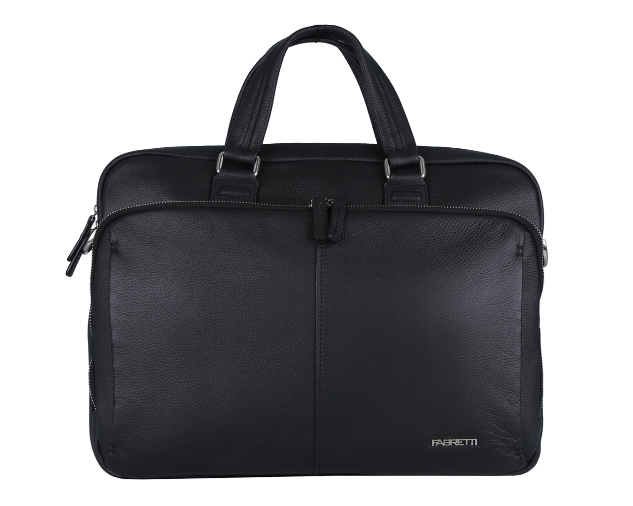 Сумка мужская Fabretti, цвет: черный. 4946FAB-A4946FAB-A-black Сумка мужская Fabretti, цвет: черный. 4946FAB-A4946FAB-A-blackСумка мужская Fabretti выполнена из натуральной кожи зернистой фактуры и закрывается на металлическую застежку-молнию. Изделие состоит из двух отделений. Внутренняя часть изделия выполнена из текстиля и натуральной кожи. Основное отделение сумки содержит боковой карман с уплотненной стенкой на липучке для планшета или ноутбука, врезной карман на пластиковой молнии, два нашивных кармана для телефона и мелочей и два держателя для шариковых ручек. Второе отделение менее вместительное, подходит для документов и застегивается на металлическую застежку-молнию. На тыльной стороне сумки расположен дополнительный врезной карман на молнии. Сумка декорирована металлической надписью логотипа бренда. Изделие оснащено удобными ручками для переноски. Прилагаются наплечный ремень регулируемой длины и фирменный текстильный чехол для хранения. Функциональная мужская сумка Fabretti станет стильным аксессуаром для делового мужчины.