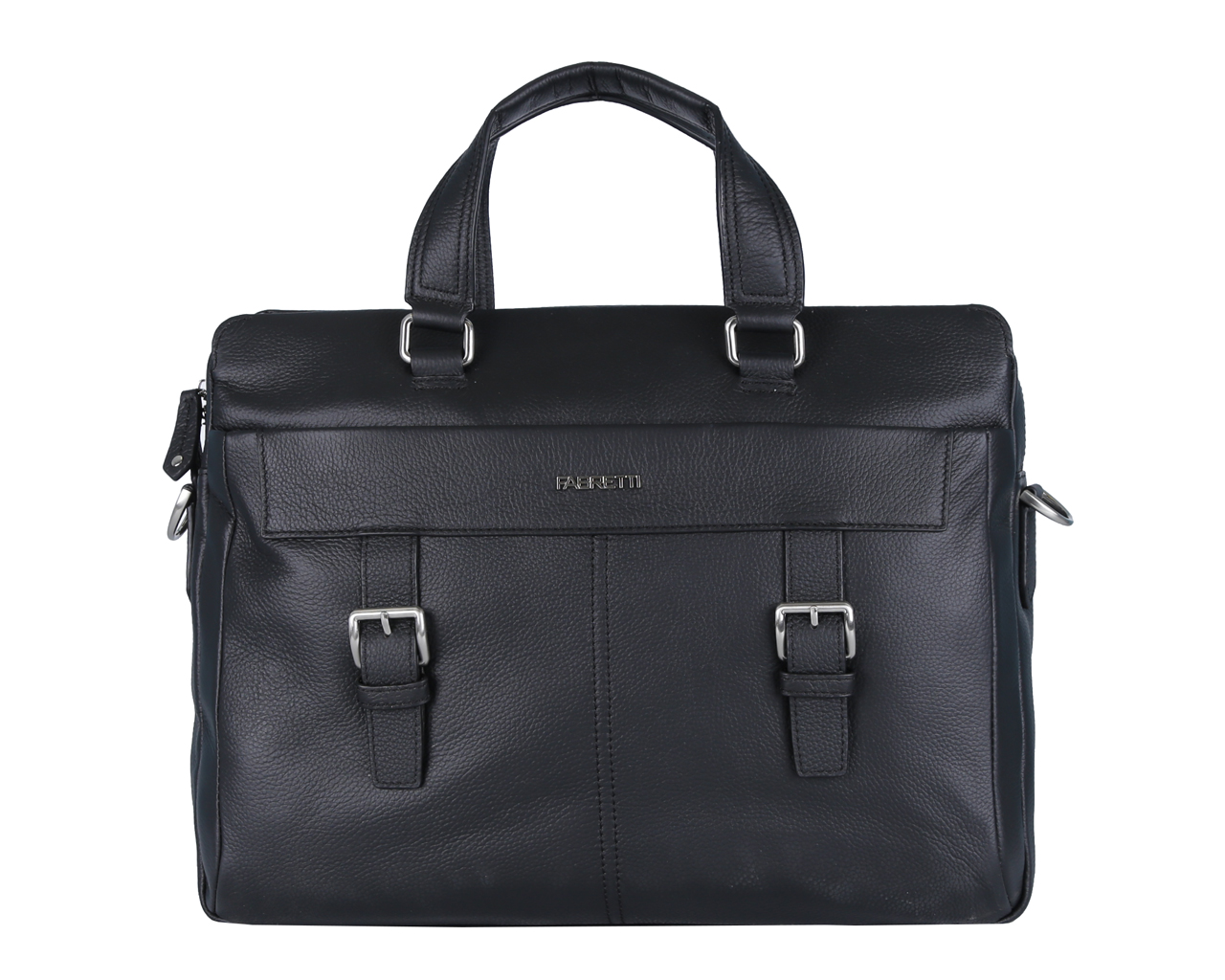 Сумка мужская Fabretti, цвет: черный. 5398FAB-A5398FAB-A-black Сумка мужская Fabretti, цвет: черный. 5398FAB-A5398FAB-A-blackСтильная мужская сумка Fabretti изготовлена из натуральной кожи зернистой фактуры. Изделие состоит из одного вместительного отделения и закрывается на металлическую застежку-молнию. Сумка содержит накладной карман с уплотненной стенкой с хлястиком на липучке для документов, нашивные карманы для телефона, для мелочей и два держателя для шариковых ручек, врезной карман на пластиковой молнии. Снаружи, на передней стенке расположен прорезной карман на молнии, на задней - прорезной карман, закрывающий на молнию сверху и снизу. Изделие оснащено двумя удобными ручками. В комплект входит съемный текстильный плечевой ремень, регулируемый по длине. Сумка декорирована металлической надписью логотипа бренда и декоративными хлястиками. Прилагается фирменный текстильный чехол для хранения. Роскошная сумка внесет элегантные нотки в ваш образ и подчеркнет ваше отменное чувство стиля.