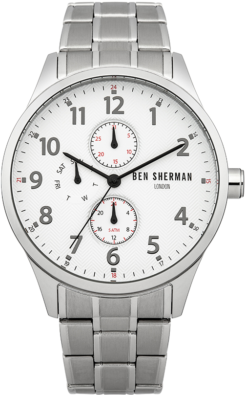 Наручные часы мужские Ben Sherman, цвет: серый металлик. WB004SMWB004SM Наручные часы мужские Ben Sherman, цвет: серый металлик. WB004SMWB004SMМногофункциональный механизм 6P27 Miyota; Корпус из нержавеющей стали; Размер корпуса o 43mm; Минеральное стекло; Белый циферблат; Нет камней; Браслет; Водозащита 5 ATM