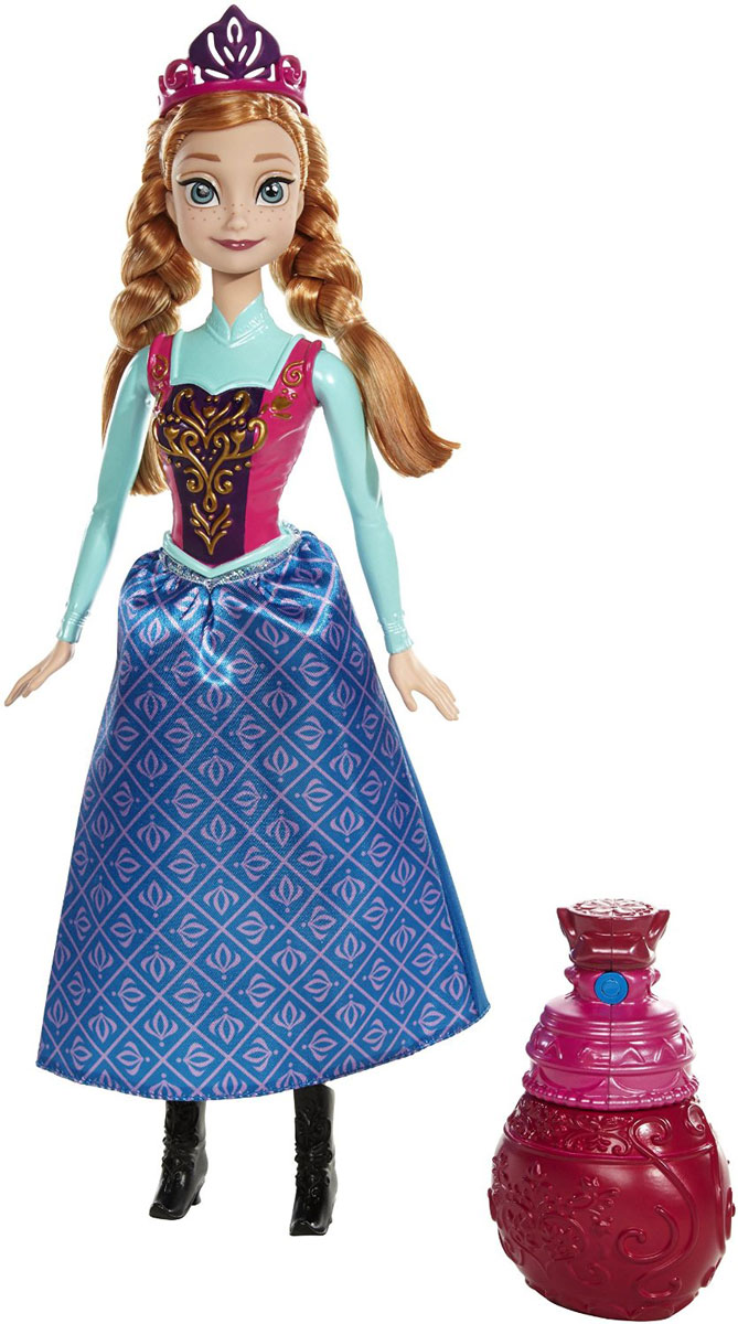 Disney Frozen Кукла Анна в королевском нарядеBDK31_BDK32 Disney Frozen Кукла Анна в королевском нарядеBDK31_BDK32Кукла Disney Frozen Холодное сердце. Анна поможет вашей малышке окунуться в сказочный мир. Игрушка выполнена в виде главной героини диснеевского мультфильма Холодное сердце. Куколка одета в длинную синюю юбку с сиреневым рисунком, а верх в виде платья выполнен из пластика. На ногах принцессы - черные сапожки на каблучках. Волосы Анны заплетены в две косички и украшены короной. В комплекте с куклой имеется розовый флакон. Если из него побрызгать на верхнюю часть платья, то наряд поменяет свой цвет! Ручки, ножки и голова куколки подвижны. Ваша малышка с удовольствием будет играть с этой куколкой, проигрывая сюжеты из любимого мультфильма или придумывая различные истории.