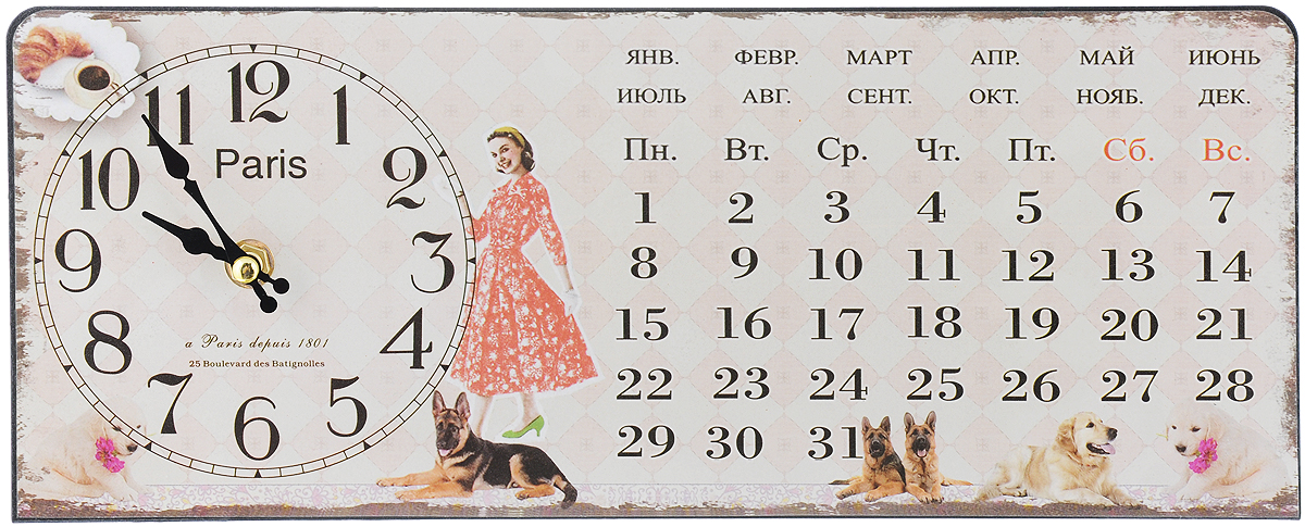 Часы настольные Феникс-Презент Девушка с собачками, 35 х 14 см40747 Часы настольные Феникс-Презент Девушка с собачками, 35 х 14 см40747Настольные часы прямоугольной формы Феникс-Презент Девушка с собачками своим эксклюзивным дизайном подчеркнут оригинальность интерьера вашего дома. Часы выполнены из металла. Они оформлены изображением календаря, девушки и собак. Часы имеют две стрелки - часовую и минутную. Настольные часы Феникс-Презент Девушка с собачками подходят для кухни, гостиной, прихожей или дачи, а также могут стать отличным подарком для друзей и близких. ВНИМАНИЕ!!! Часы работают от сменной батареи типа АА 1,5V (в комплект не входит).