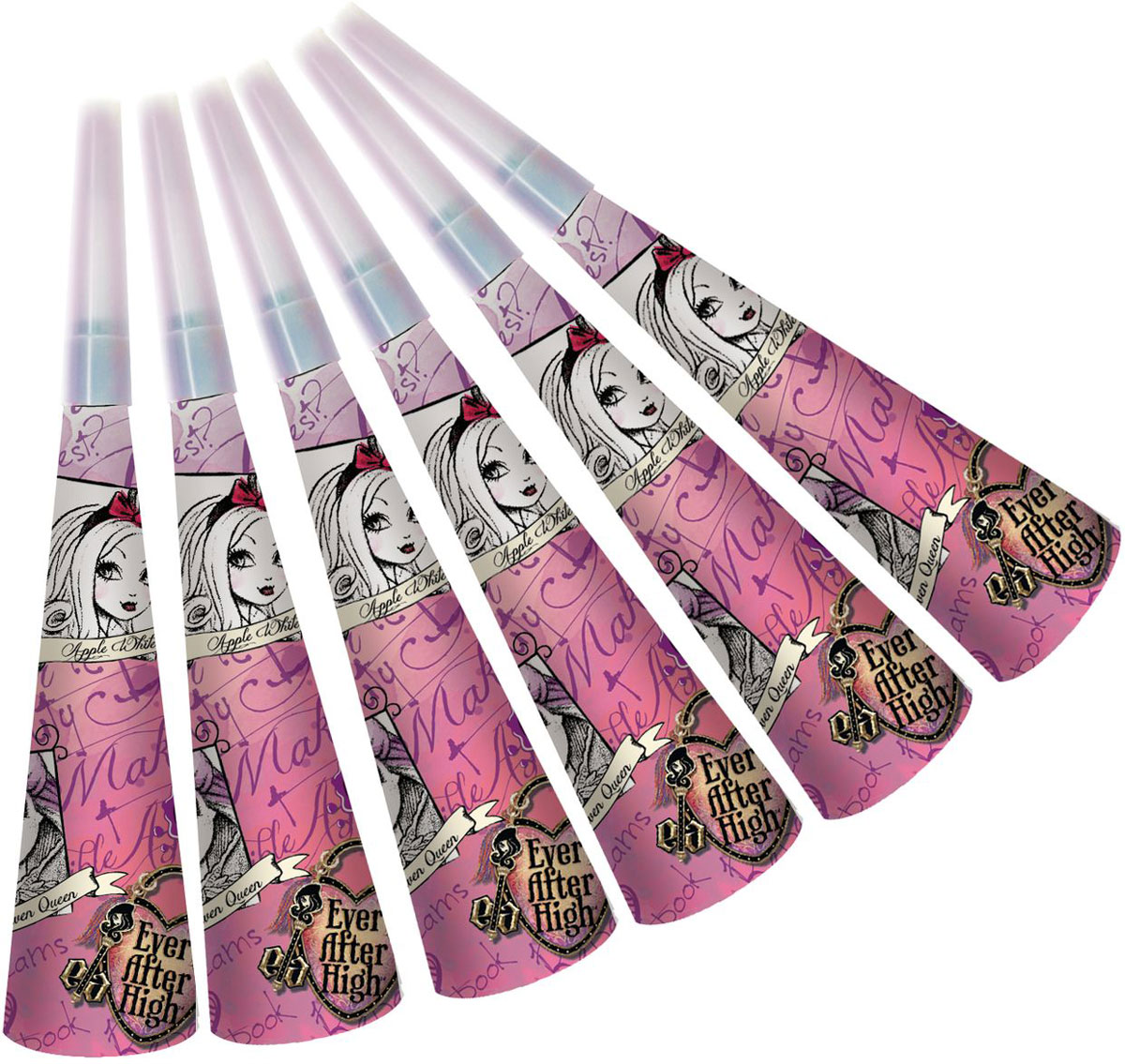 Ever After High Дудочки бумажные 6 шт24770 Ever After High Дудочки бумажные 6 шт24770Забавные дудочки Ever After High развеселят ребятишек и помогут в развитии их дыхательной системы. В наборе 6 бумажных дудочек, декорированных стильным принтом. Вы также можете выбрать другие товары данного бренда: тарелки, стаканы, колпачки, язычки и полиэтиленовую скатерть.