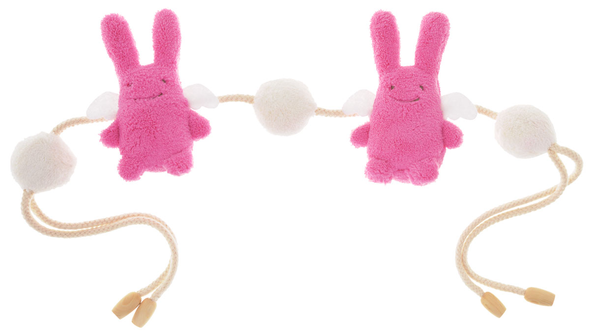 Trousselier Подвеска для кроватки Angel BunniesV1500 11 Trousselier Подвеска для кроватки Angel BunniesV1500 11Мягкая подвеска на кроватку или коляску Angel Bunnies выполнена из безопасного текстиля, в виде прочного шнурка, на который подвешены два розовых зайчика с крылышками и три белых мягких шарика. Внутри шариков спрятаны сферы с гремящими элементами. Подвеска с каждой стороны снабжена двумя текстильными шнурками с деревянными конусами на концах, благодаря которым ее можно закрепить. Подвеска Angel Bunnies поможет малышу развить цветовое и звуковое восприятие, мелкую моторику рук и тактильные ощущения.