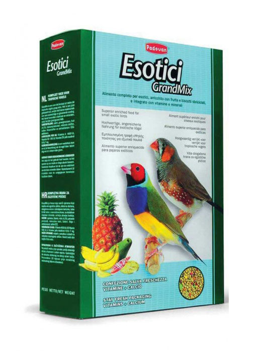 Корм Padovan Grandmix Esotici для экзотических птиц, 400 г16852 Корм Padovan Grandmix Esotici для экзотических птиц, 400 г16852Комплексный, высококачественный основной корм с фруктами и бисквитной крошкой. Состав: просо 35.4%, желтое, белое и красное просо, канареечные зёрна 10.4%, льняное семя 2.5%, масличный нуг(гвизоция абиссинская) 1.2%, ананас, папайя, яблоко, печенье: пшеничная мука, дрожжи, краситель, минералы, натуральные вкусовые добавки, витамины.