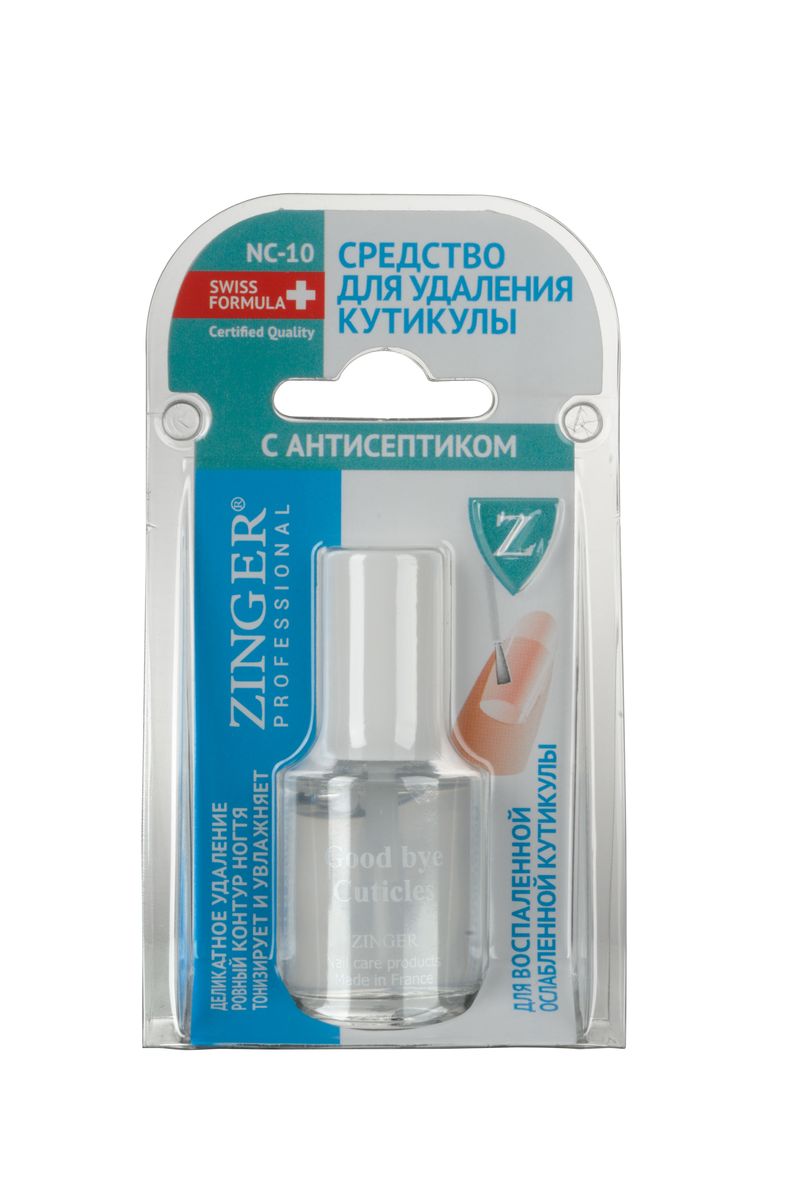 Zinger Средство для удаления кутикулы c антисептиком NC10, 12 мл77878 Zinger Средство для удаления кутикулы c антисептиком NC10, 12 мл77878Средство для удаления кутикулы c антисептиком. Деликатное удаление кутикулы. Ровный контур ногтя. Снимает воспалительные процессы. Питает, тонизирует и увлажняет кутикулу.