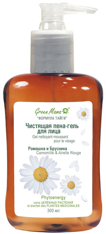 Green Mama Чистящая пена-гель для лица Ромашка и брусника, 300 мл051 Green Mama Чистящая пена-гель для лица Ромашка и брусника, 300 мл051Может быть доставлена в упаковке с дозатором либо с откручивающейся крышечкой. Ромашка с англосакских времён считалась одним из 9 священных растений, греки называли её земным яблоком, а русские знахари готовили из неё великолепные лекарства. Ромашка содержит в себе органические кислоты и витамины С, А, В, Е, К, которые ускоряют обновление кожи, действуют как антирадикалы. Брусника — это сильный природный антисептик, содержащий витамины в особо устойчивой форме, много полезных микроэлементов: K, Ca, Na, Mg, P, которые участвуют в строительстве энзимов, ускоряют процессы метаболизма, укрепляют стенки клеток. Пена-гель смягчает и бережно очищает кожу лица. Phytoenergy – сила целебных растений.