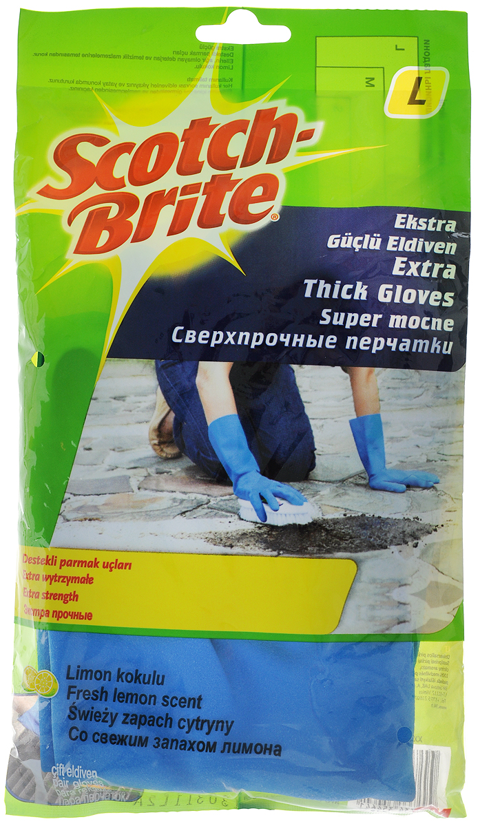 Перчатки Scotch Brite, сверхпрочные, цвет: синий. Размер LFN-5100-7696-4 Перчатки Scotch Brite, сверхпрочные, цвет: синий. Размер LFN-5100-7696-4Экстрапрочные резиновые перчатки Scotch Brite с уплотненными кончиками пальцев и с приятным ароматом лимона, подходят для чувствительной кожи рук. Они защищают кожу рук при работе с бытовой химией, предохраняют от загрязнения и влаги, они идеально подходят для стирки уборки, и прочих работ по хозяйству. Перчатки удобные, принимают форму ладони, пористая поверхность лицевой стороны перчаток позволяет легко и уверенно держать необходимый предмет.