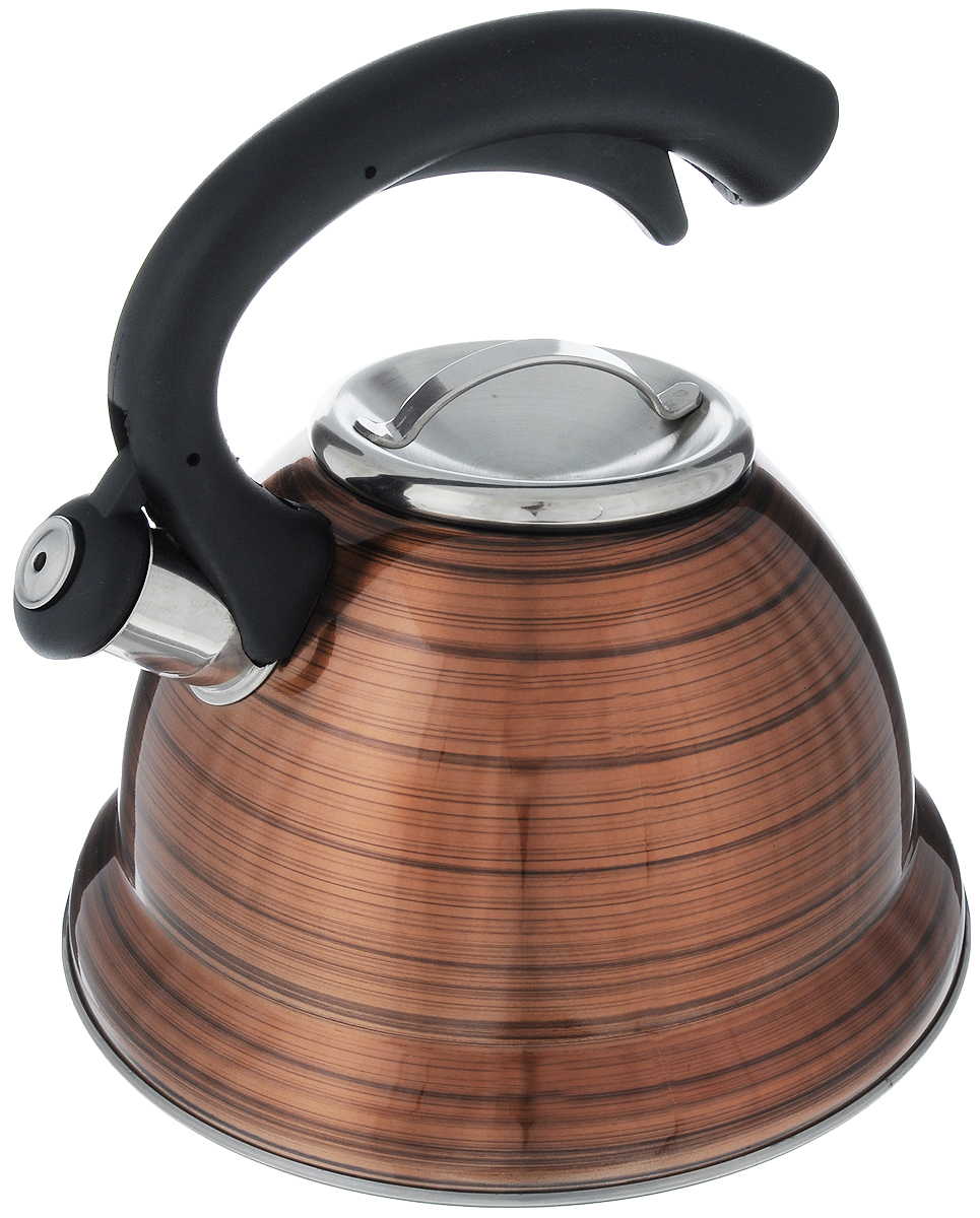 Чайник Bekker Premium, со свистком, цвет: бронзовый, черный, 3,2 л. BK-S412BK-S412_ желтый Чайник Bekker Premium, со свистком, цвет: бронзовый, черный, 3,2 л. BK-S412BK-S412_ желтыйЧайник Bekker Premium изготовлен из высококачественной нержавеющей стали 18/10 с цветным матовым покрытием. Капсулированное дно распределяет тепло по всей поверхности, что позволяет чайнику быстро закипать. Крышка на носик и эргономичная фиксированная ручка выполнены из бакелита черного цвета. Носик оснащен откидным свистком, который подскажет, когда закипела вода. Свисток открывается и закрывается нажатием кнопки на рукоятке. Подходит для всех типов плит, включая индукционные. Можно мыть в посудомоечной машине. Диаметр (по верхнему краю): 10 см. Диаметр основания: 22 см. Высота чайника (без учета ручки): 13,5 см. Высота чайника (с учетом ручки): 24 см.