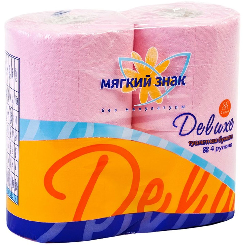 Туалетная бумага Мягкий знак "Deluxe", двухслойная, цвет: розовый, 4 рулона