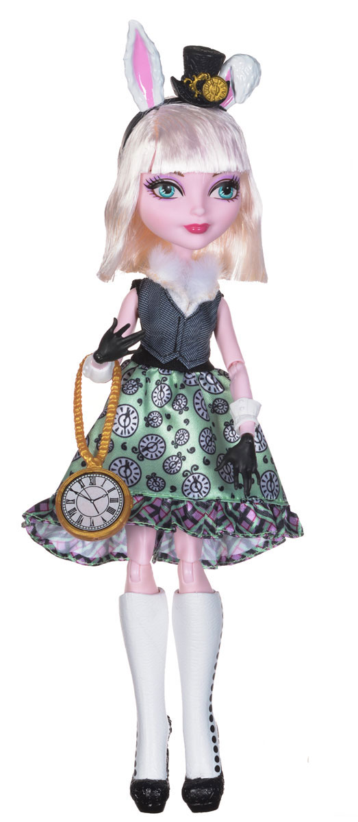 Ever After High Кукла Банни БланкDRM05_CDH57 Ever After High Кукла Банни БланкDRM05_CDH57Кукла Ever After High Банни Бланк - дочь белого кролика из страны Чудес - обязательно понравится вашей дочурке! Банни одета в платье с черным верхом. Низ платья украшен рисунками в виде часов. Поверх платья у Банни серый жакет с меховой оторочкой. На ногах у куклы черные туфельки и белые носочки. Носки и туфли выполнены из пластика в виде сапог. У Банни короткие белые волосы, они легко расчесываются и не спутаются во время игры. Волосы куклы можно мыть в теплой воде и сушить феном. Ушки Банни - обычный пластиковый ободок. Вы сможете снять их. Руки Банни стилизованы под перчатки, их украшают белые браслеты. У куклы сгибаются ноги и руки. Двигаются кисти рук. Поворачивается голова. У куклы аккуратный макияж и дивная улыбка. В комплект к Банни входит сумочка в виде часов, ключ и замок, подставка. Порадуйте своего ребенка таким подарком!