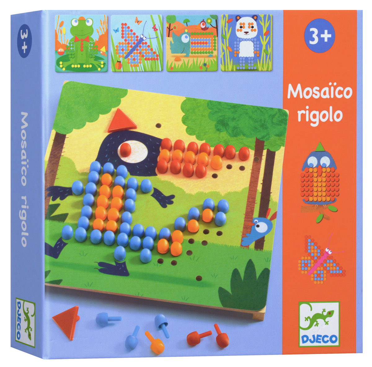 Djeco Мозаика Риголо08136 Djeco Мозаика Риголо08136Мозаика Риголо от французского производителя Djeco станет увлекательной развивающей игрушкой для каждого малыша. В комплекте ребенок найдет деревянную основу, красочные карточки с заданиями и множество пластиковых гвоздиков разной формы и цветов. Ребенок должен собрать картинку согласно инструкции, в результате чего у него получатся забавная лягушка, красивая бабочка, милая панда и другие животные и насекомые. Игра развивает мелкую моторику, логическое мышление, сообразительность и внимательность ребенка, учит его усидчивости и терпению.