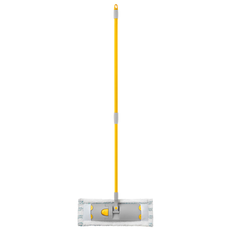 Швабра Apex Flat Mop, с телескопической ручкой, 83-140 см10190-A_желтый,серый Швабра Apex Flat Mop, с телескопической ручкой, 83-140 см10190-A_желтый,серыйШвабра Apex Flat Mop предназначена для сухой и влажной уборки в доме и удобна в использовании благодаря подвижному креплению ручки к моющей платформе с насадкой. Сменная насадка выполнена из микрофибры, которая впитывает воду и грязь подобно губке, легко удаляет пыль, не оставляя разводов и ворсинок. Такая насадка позволит вам использовать во время уборки меньшее количество чистящих средств. Она подходит для всех видов гладких полов из плитки, паркета, ламината и камня. Швабра оснащена удобной металлической телескопической ручкой с подвижной частью и фиксацией, которая позволяет использовать ее в труднодоступных местах. На конце ручки имеется специальная петля, благодаря которой швабру можно подвесить в любом удобном месте. Платформа швабры выполнена из высокопрочного пластика и может двигаться под любым углом, на любой плоскости. Подвижная платформа позволяет вымыть полы, не отодвигая крупногабаритную мебель, протереть стены от пыли за шкафами. ...