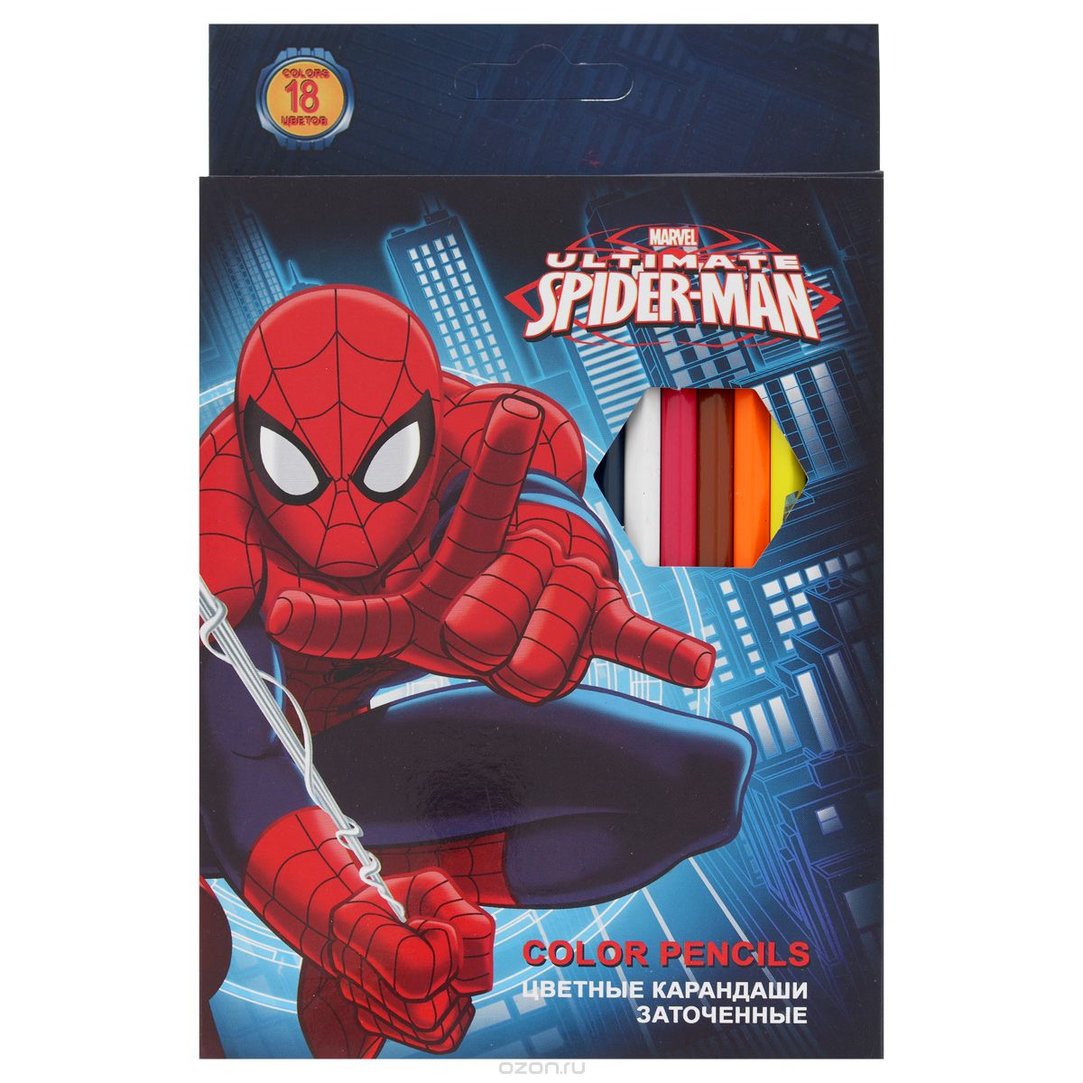 Набор цветных карандашей, 18 шт. Spider-man ClassicSMBB-US2-1P-18 Набор цветных карандашей, 18 шт. Spider-man ClassicSMBB-US2-1P-18Набор цветных карандашей 18 цветов. Яркие, насыщенные цвета, мягкое письмо. Прочный неломающийся грифель диаметром 3 мм. Высококачественная древесина. Двойная проклейка стержня специальным клеем предотвращает поломку грифеля при падении. Легко затачим