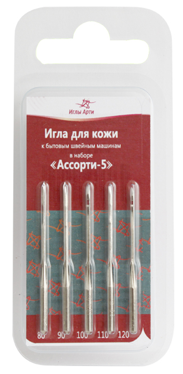 Набор игл для швейных машин Иглы Арти Ассорти 5, для кожи, 5 шт162434 Набор игл для швейных машин Иглы Арти Ассорти 5, для кожи, 5 шт162434Набор Иглы Арти Ассорти 5 состоит из 5 игл, изготовленных из металла высокого качества. Иглы предназначены для бытовых швейных машинок, используются для пошива и ремонта изделий из кожи. Иглы имеют форму острия в виде лезвия ножа: 33=LL. Размер игл: №80, 90, 100, 110, 120.