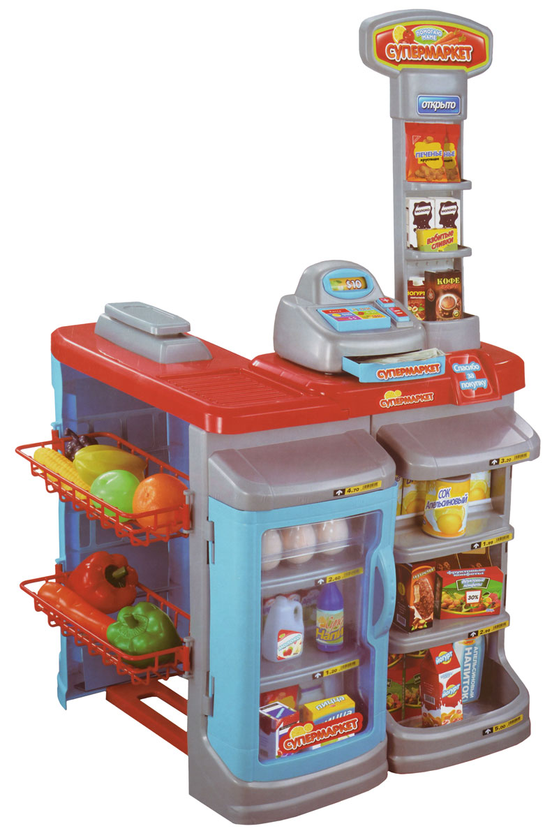 ABtoys Игровой набор СупермаркетPT-00274 ABtoys Игровой набор СупермаркетPT-00274Игровой набор ABtoys Супермаркет выполнен из высококачественной и безопасной пластмассы. Он обязательно понравится вашей малышке. Супермаркет состоит из стойки с кассовым аппаратом и имеет полочки для размещения продуктов, игрушечных денег, корзины для продуктов и муляжей продуктов. Также на прилавке расположен холодильник для хранения продуктов, игрушечные фрукты и овощи, а также электронные весы, которые расположены возле стойки. Набор отлично подходит для сюжетно-ролевых игр детей, ведь все дети любят ходить в магазин, теперь он может появиться у них, прямо дома.