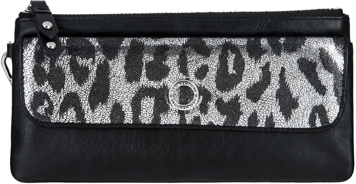 Кошелек женский Leo Ventoni, цвет: черный, серебряный. L330546L330546-nero/silver Кошелек женский Leo Ventoni, цвет: черный, серебряный. L330546L330546-nero/silverВосхитительный женский кошелек Leo Ventoni выполнен из натуральной кожи и дополнен металлической фурнитурой. Изделие содержит два отделения. Подкладка из полиэстера. Одно из отделений закрывается на металлическую застежку-молнию и содержит: одну секцию для купюр и четыре кармашка для кредитных и дисконтных карт. Второе отделение закрывается клапаном на замок- кнопку. Клапан оформлен лазерной обработкой с принтом под леопард. Внутри имеется секция для купюр и маленький кармашек для мелочей. На задней стенке расположен карман на металлической молнии для монет. В комплект входит удобный съемный ремешок для запястья. Изделие поставляется в фирменной коробке с логотипом бренда. Стильный кошелек Leo Ventoni станет отличным подарком для человека, ценящего качественные и практичные вещи.